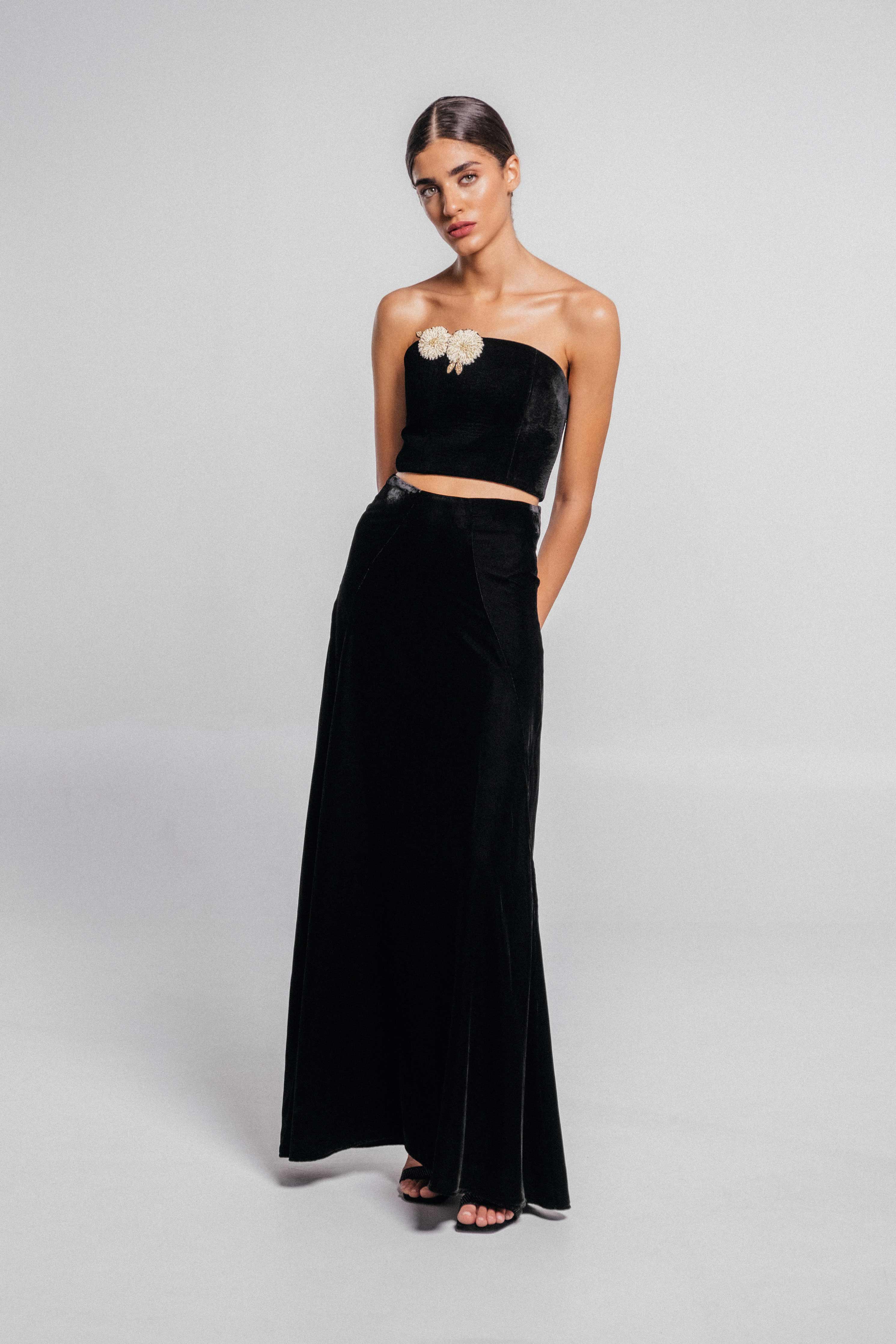 Persica Maxi Velvet Skirt - Black by RosewaterHouse