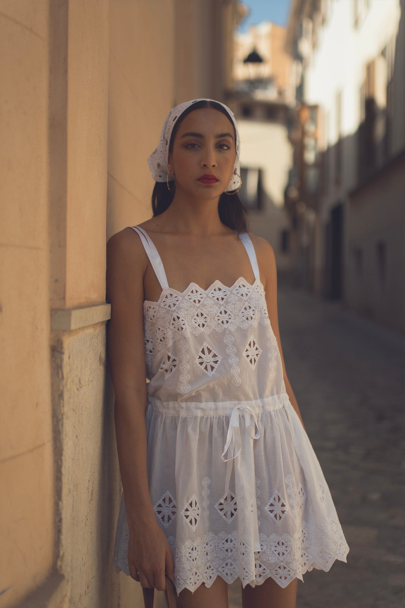 Brielle Rhombus Cotton Embroidery Mini Dress - Pure White by Miguelina