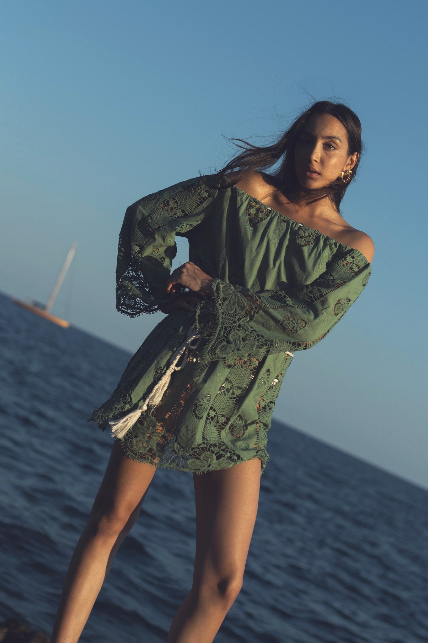 Brigette Tropical Cotton Embroidery Coverup Dress - Eucalyptus by Miguelina