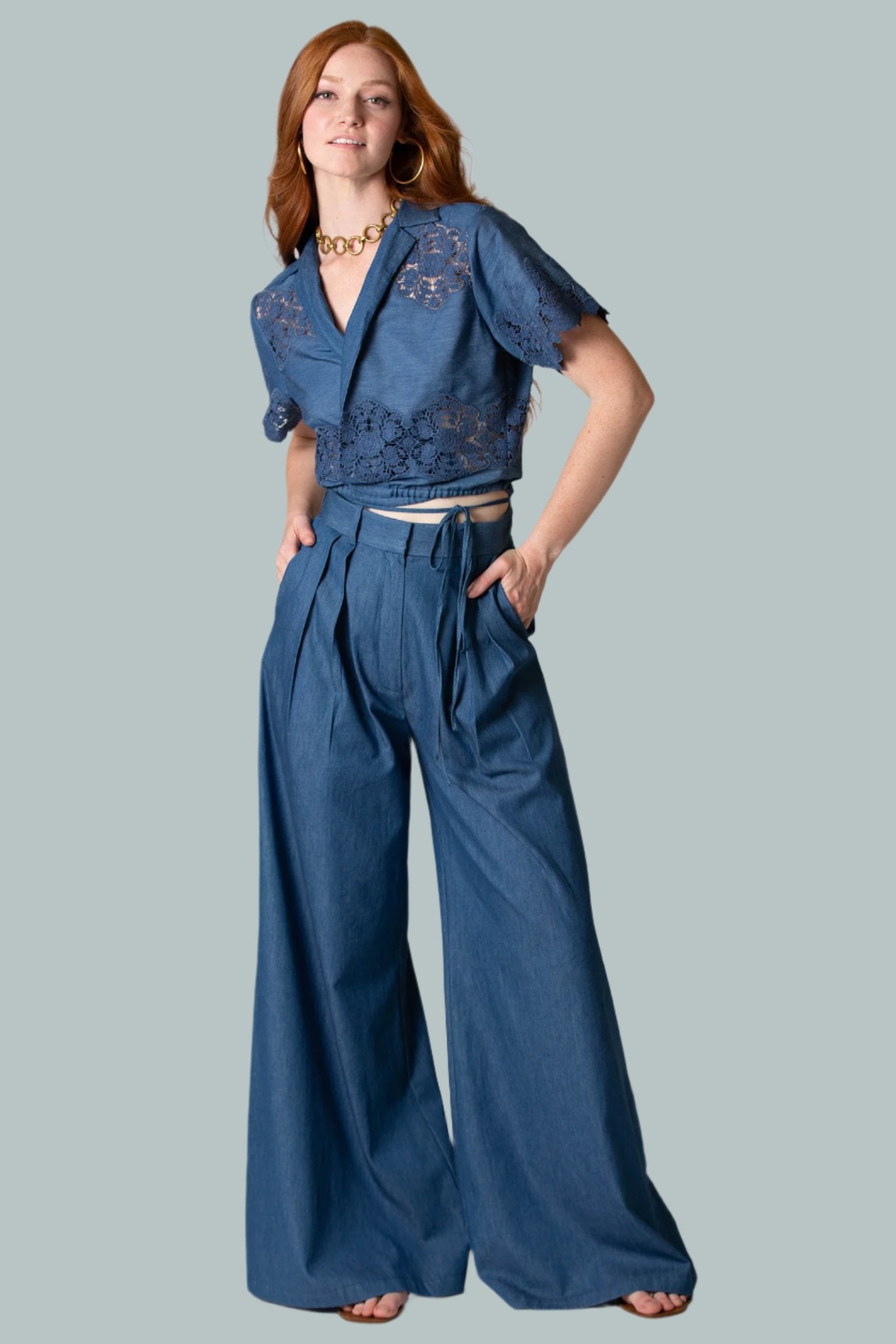 Brooklyn Embroidered Wrap Top in Indigo Denim by Miguelina