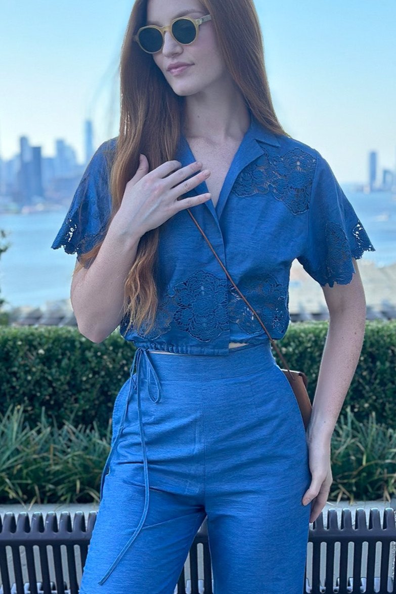 Brooklyn Embroidered Wrap Top in Indigo Denim by Miguelina