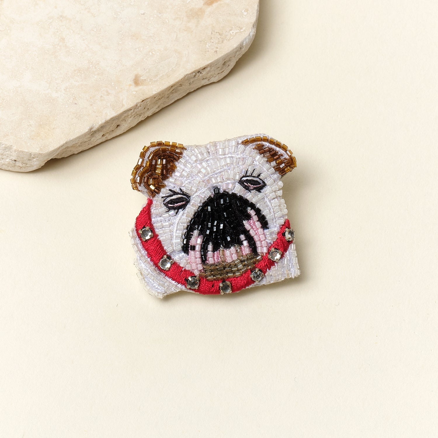 Bulldog Brooch White Brown by Mignonne Gavigan