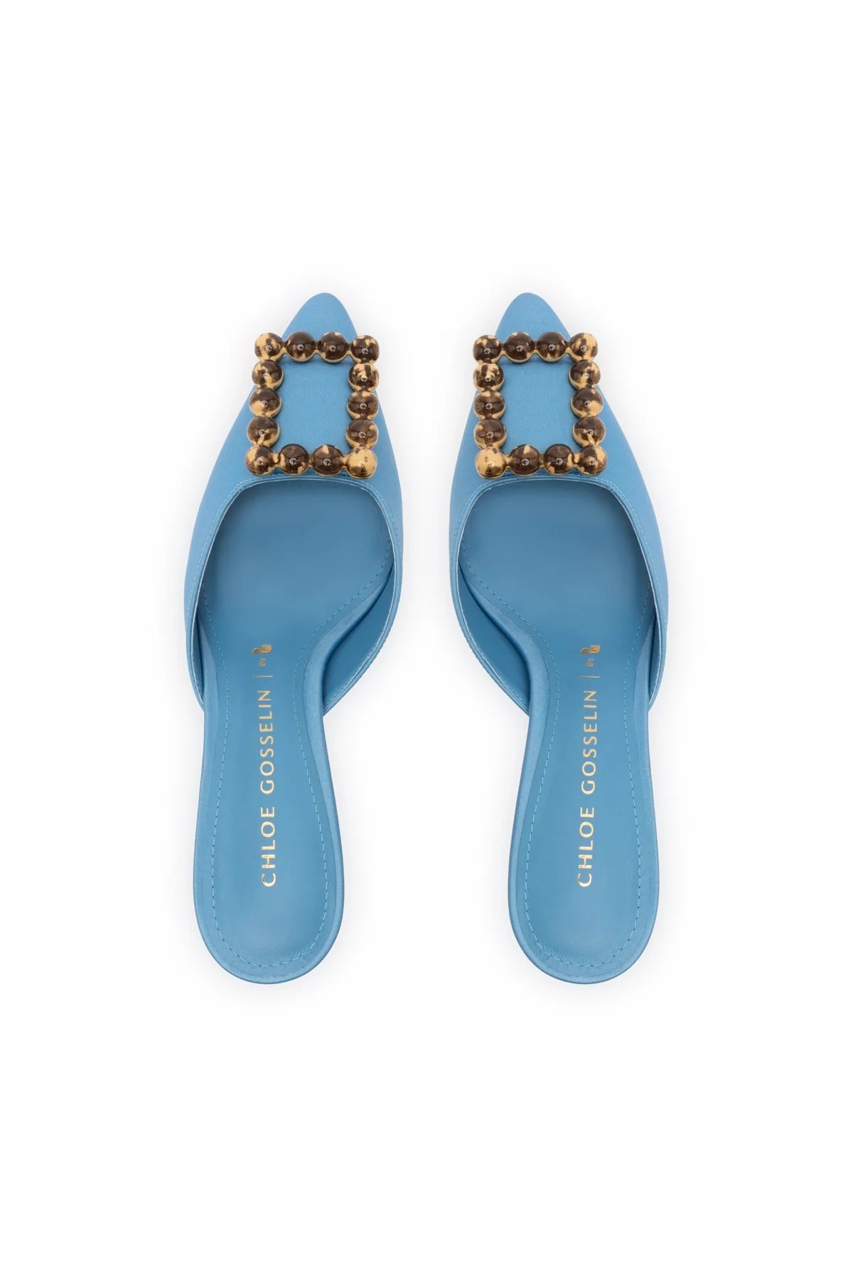 Chloe Gosselin by Larroudé Ava Mule In Blue Satin by Larroudé