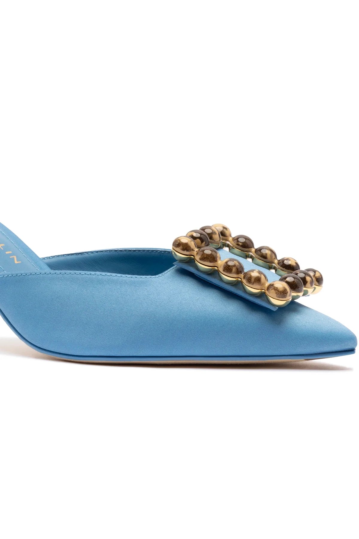 Chloe Gosselin by Larroudé Ava Mule In Blue Satin by Larroudé