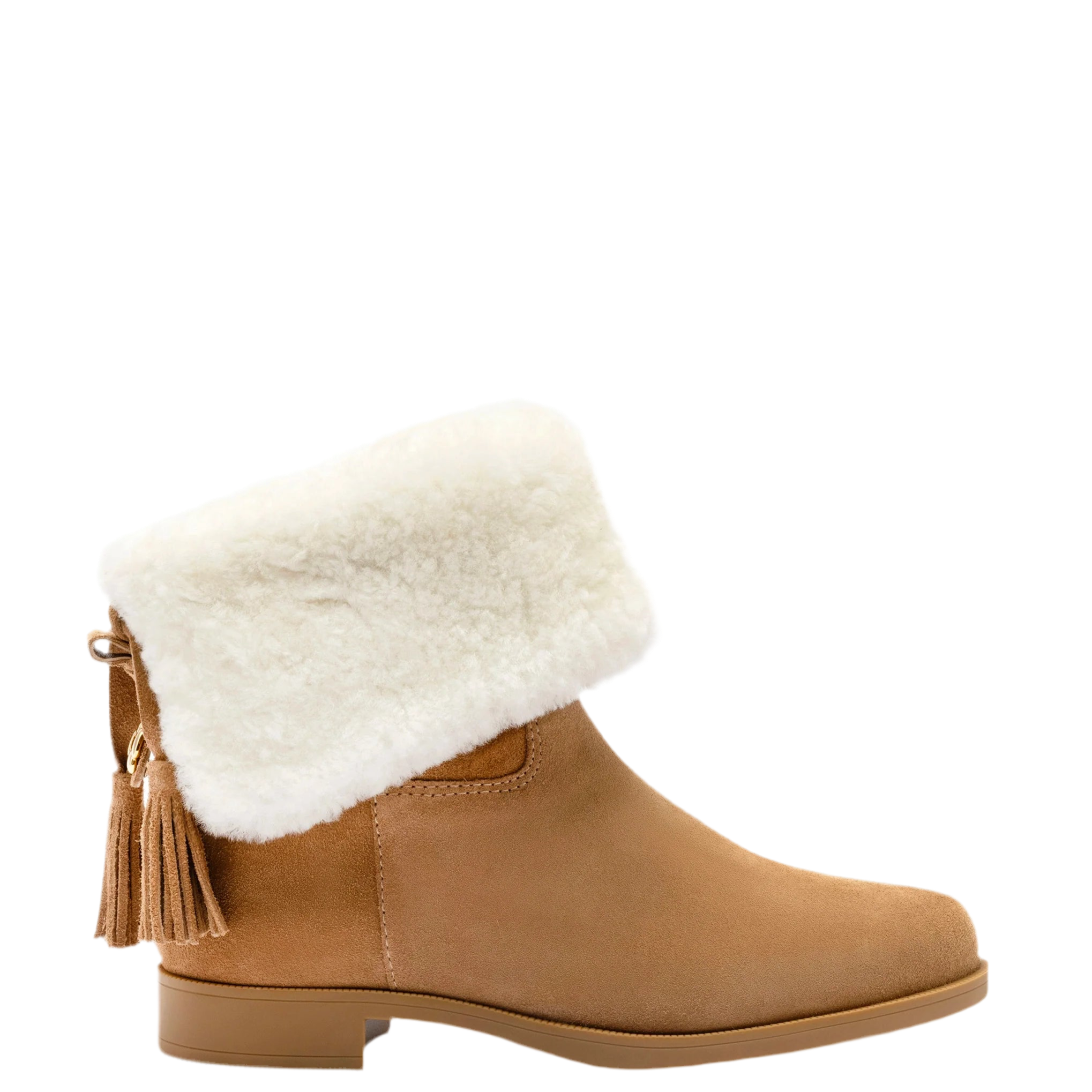 Verbier Bootie In Peanut Suede and Natural Shearling by Larroudé