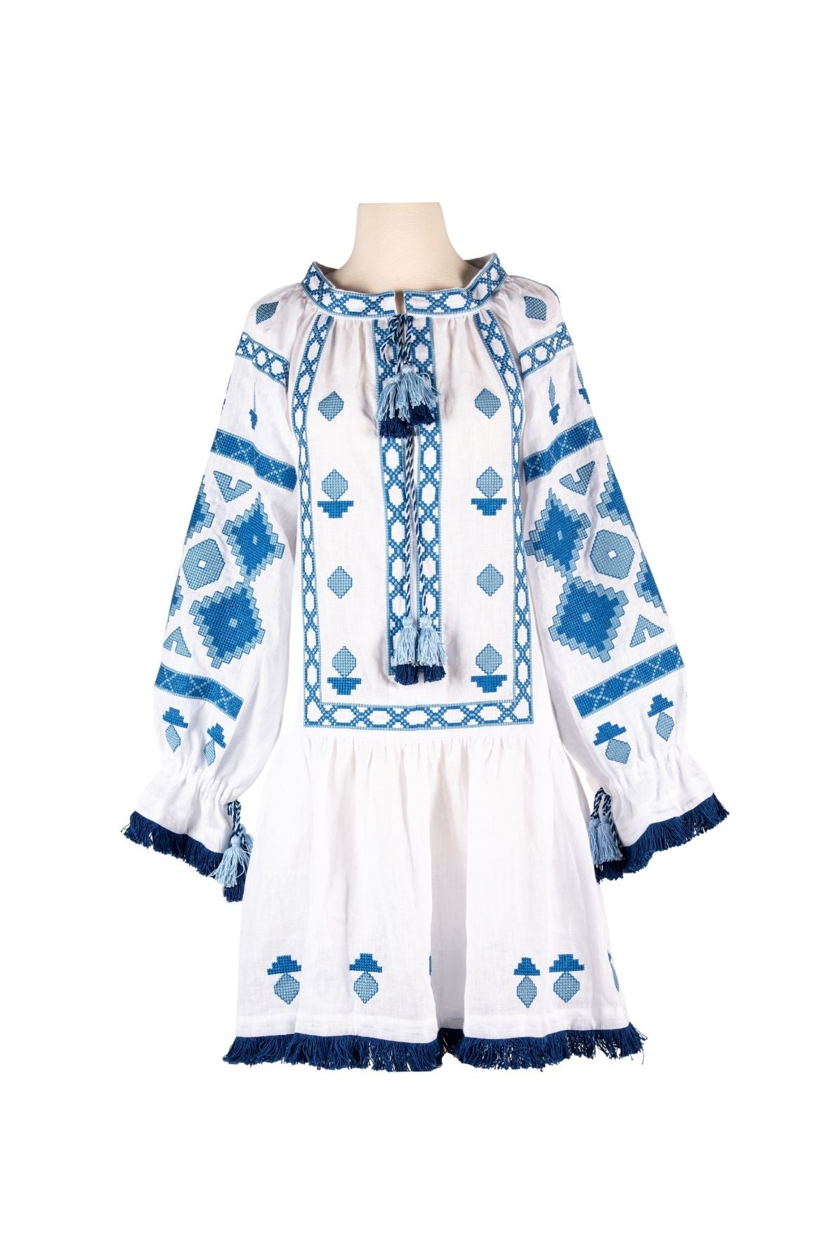 Nomeda Embroidered Ukrainian Dress - White, Blue by Larkin Lane