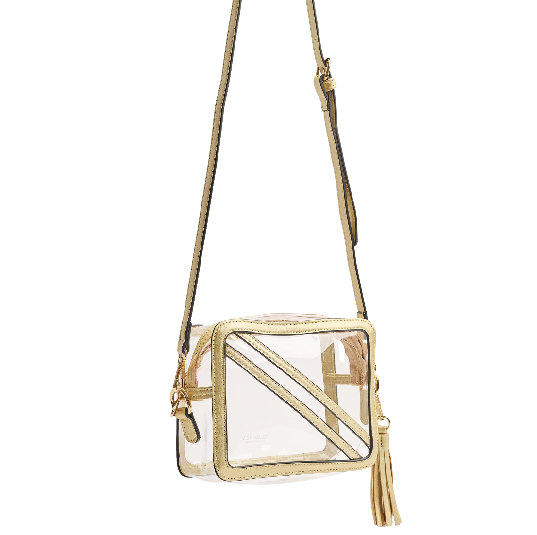A clear plastic crossbody bag with gold-tone trim, a gold strap, and a gold tassel zipper pull, shown against a plain white background.
