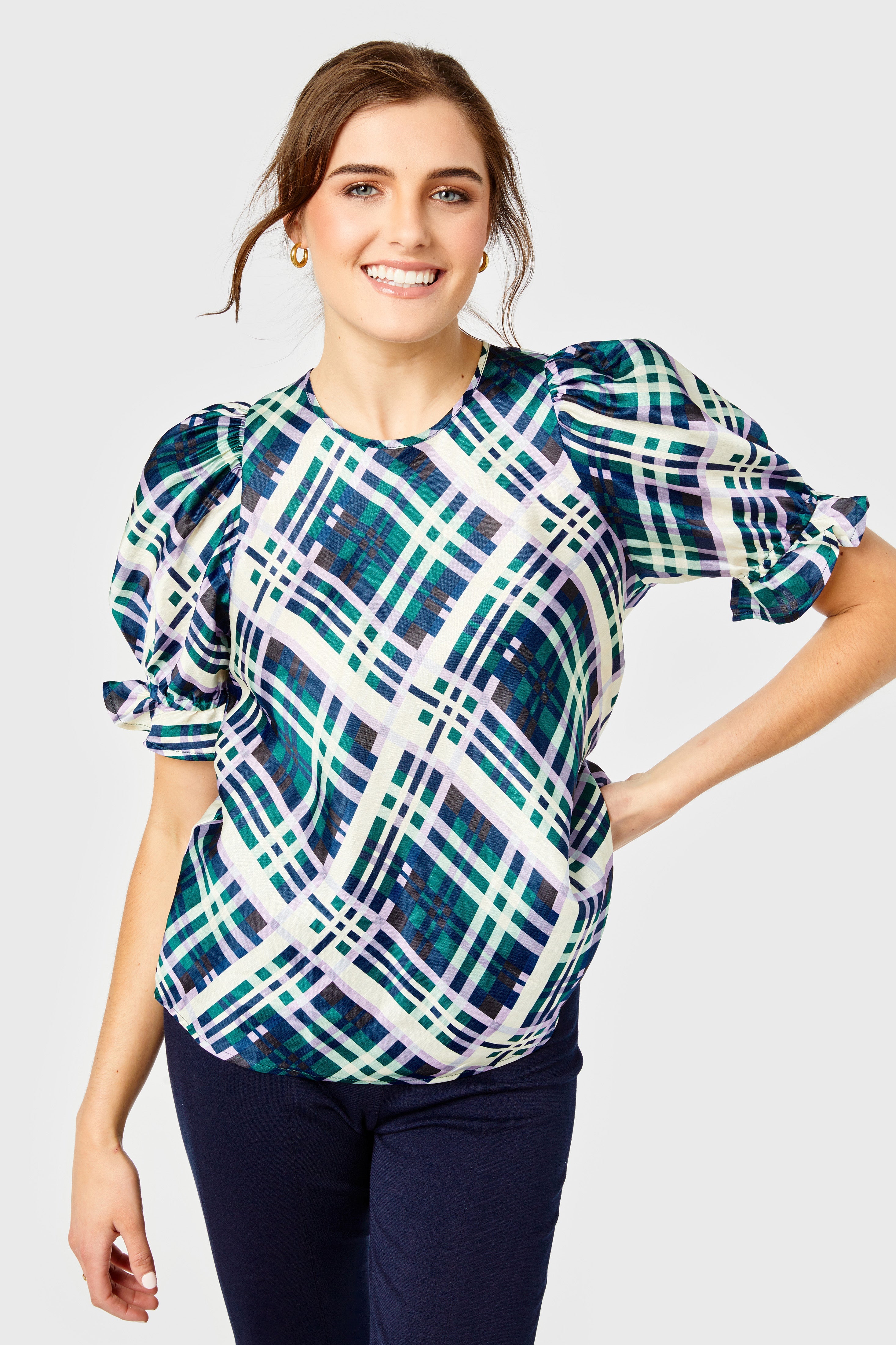 Connie Anne Top-Rayon Linen-Evergreen Plaid by Cartolina