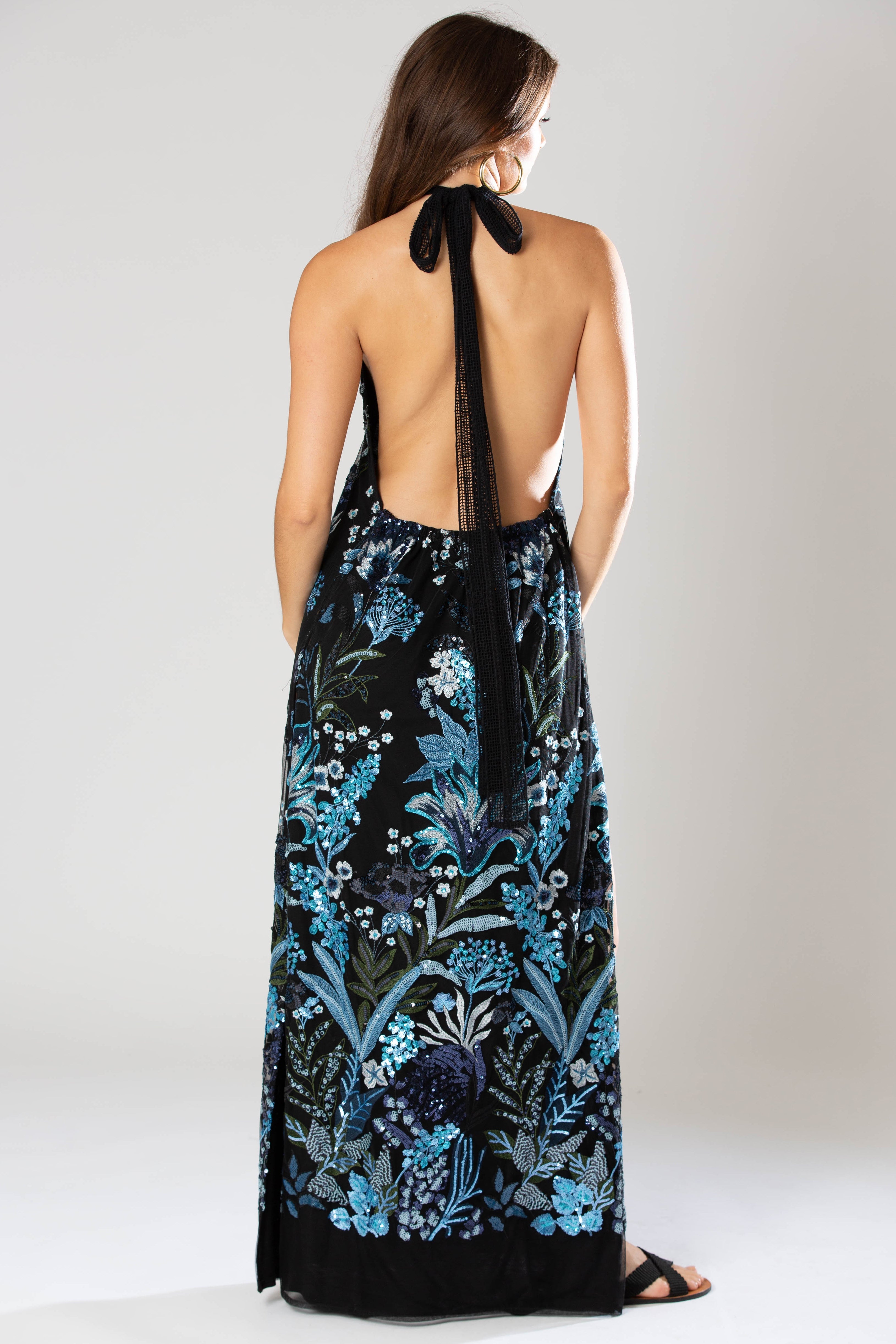 Stella Sequin Halter Open-Back Dress by Miguelina