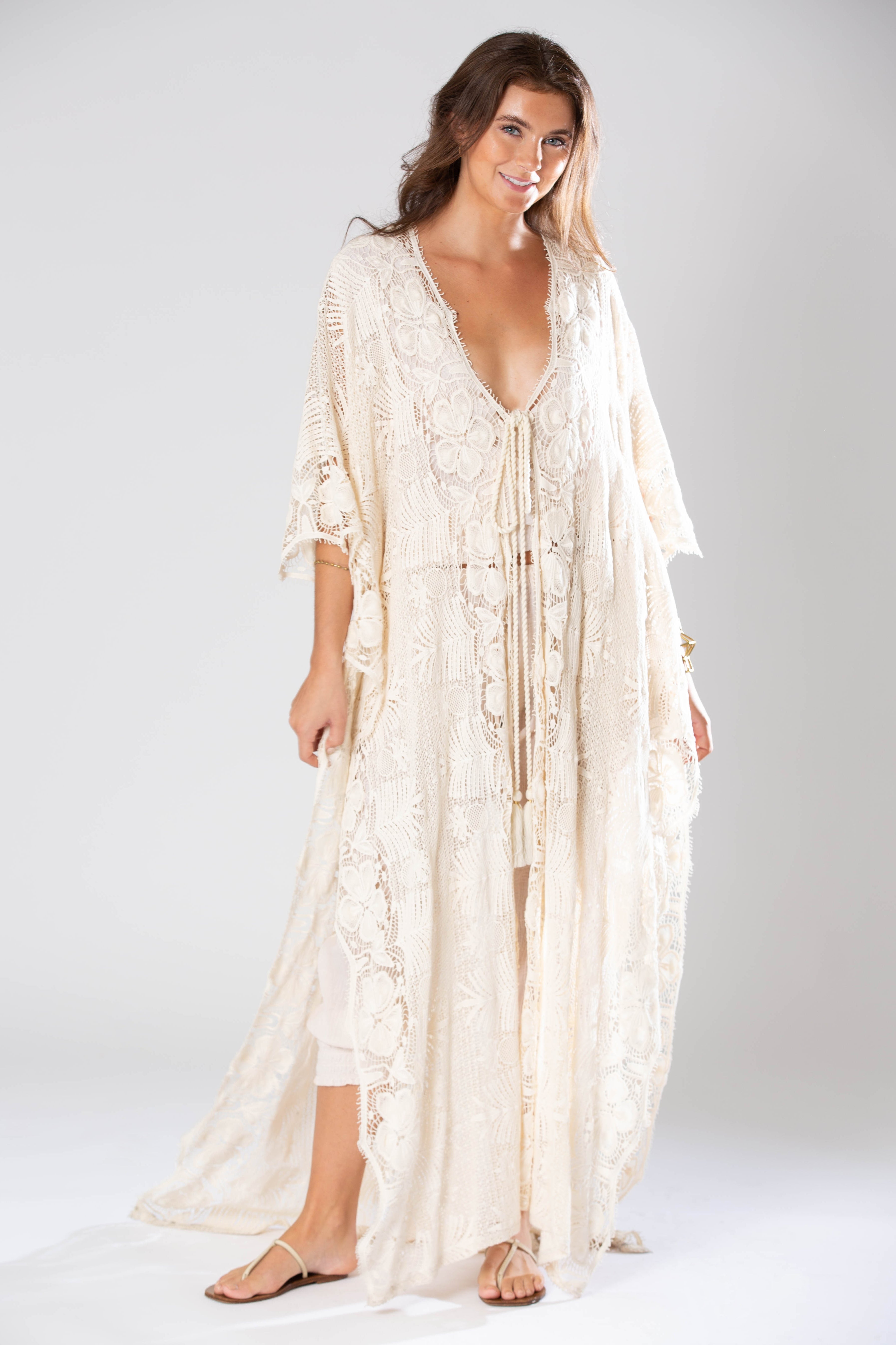 Valentina Tie-Front Tropical Lace Caftan by Miguelina