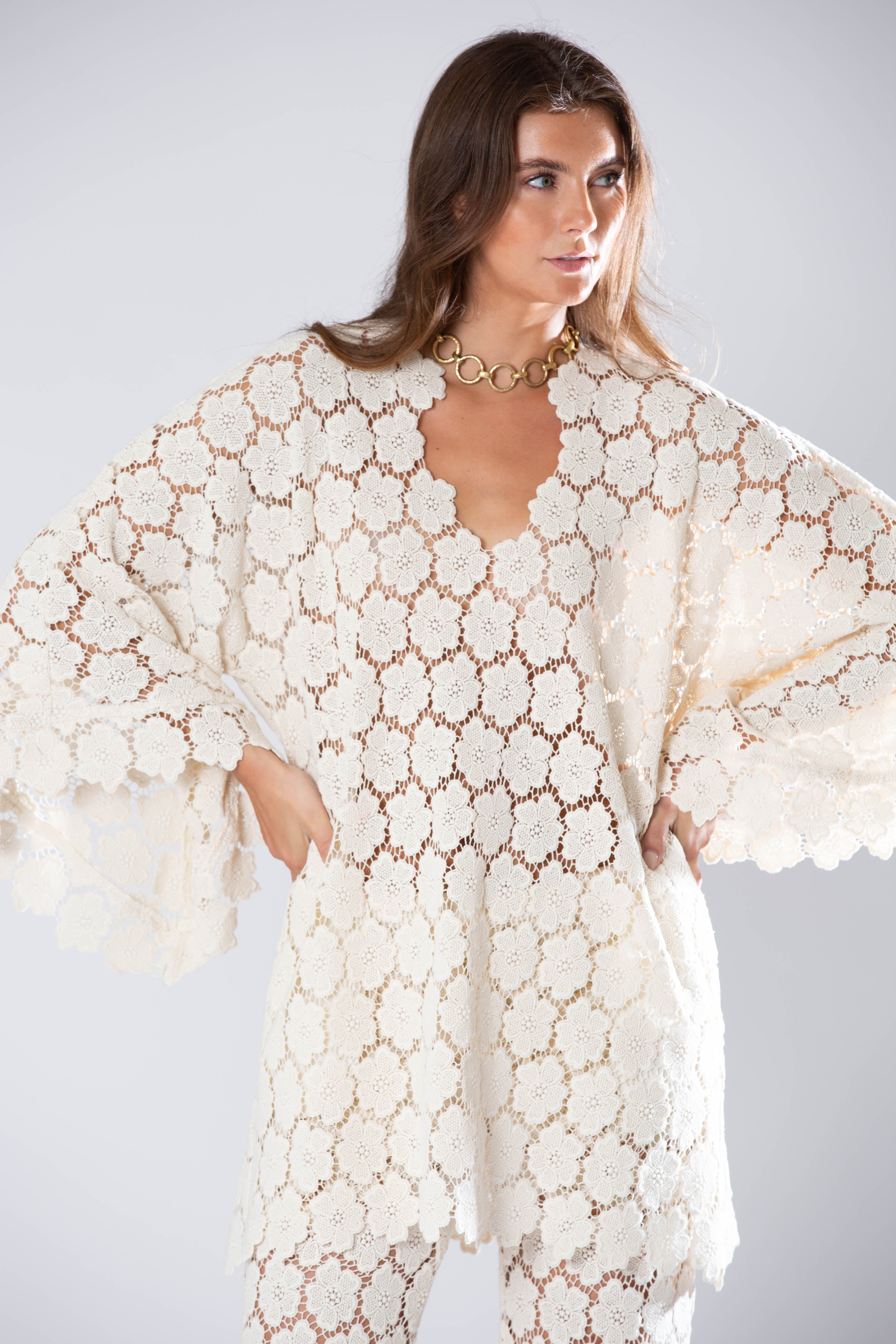 Gianina Cosmos Flower Lace Mini Caftan by Miguelina