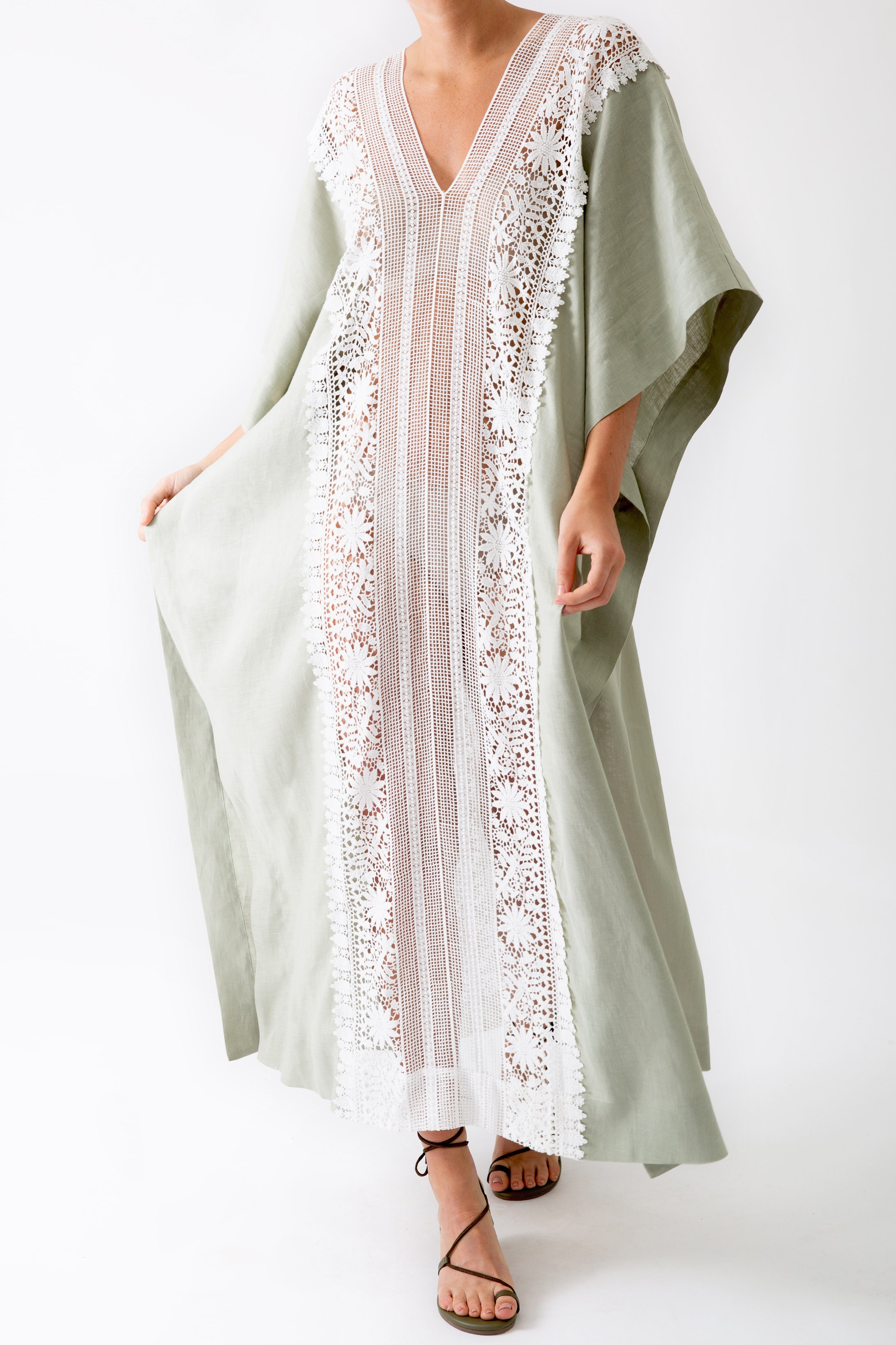 Brea Caftan with New Flower Lace in Sage By Miguelina