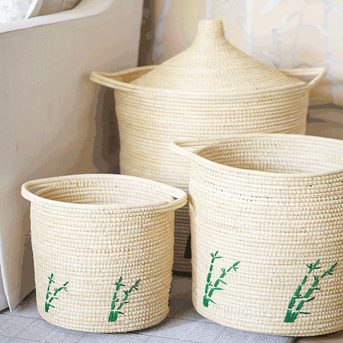 Bamboo Embroidered Waste Basket - Thumbnail 2