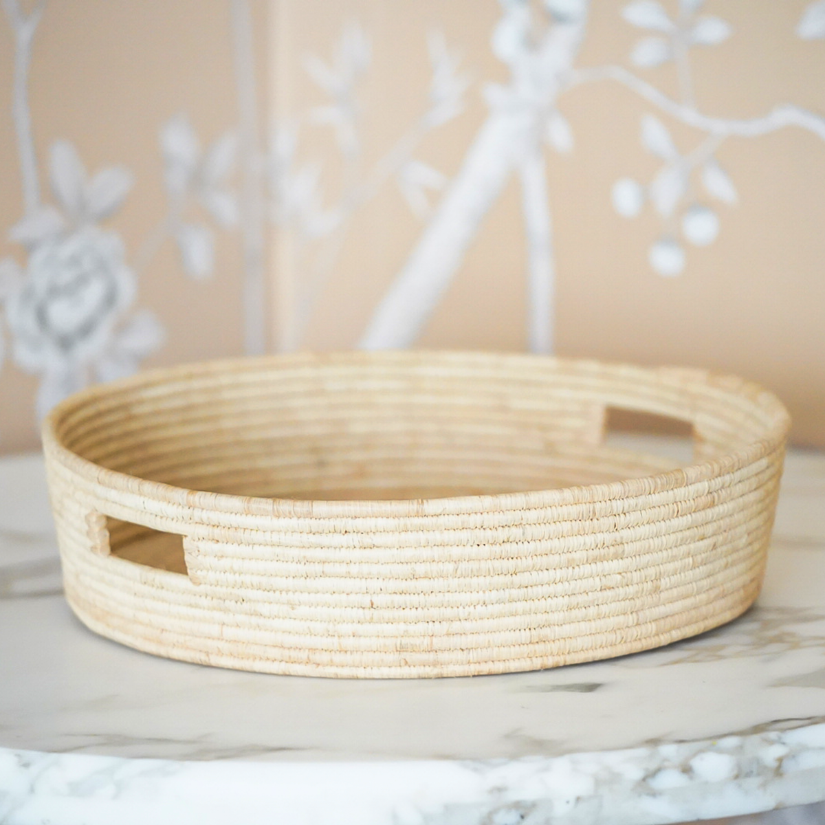 Embroidered Raffia Tray- Round by Nile Lily Home