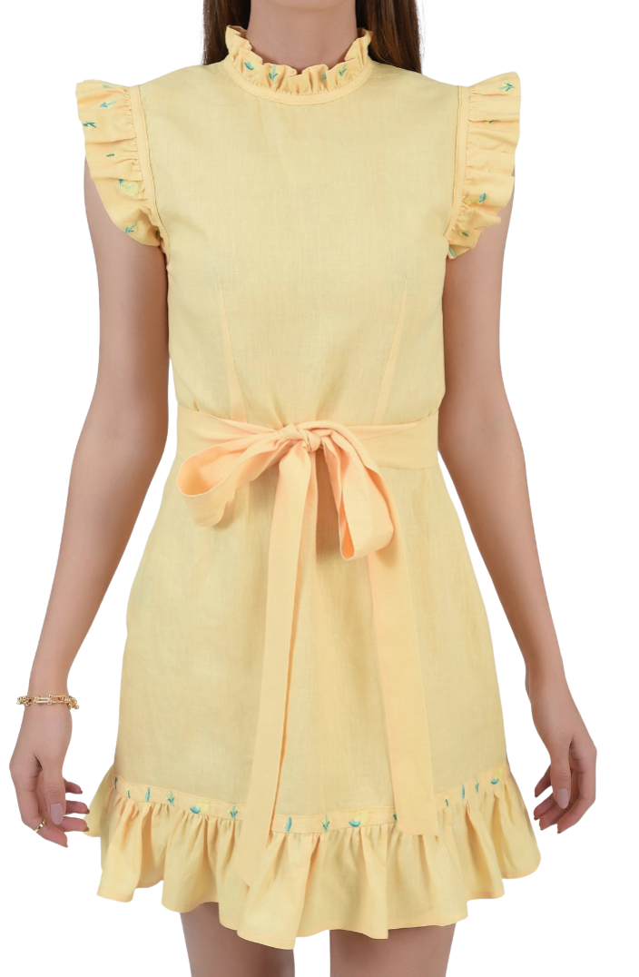 Yellow dress with ruffled sleeves and hem on a white background