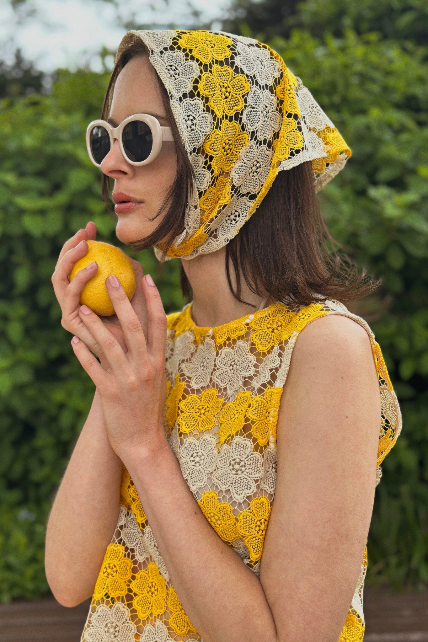 Dupree Two-Tone Cosmos Flower Lace Top - Mango by Miguelina