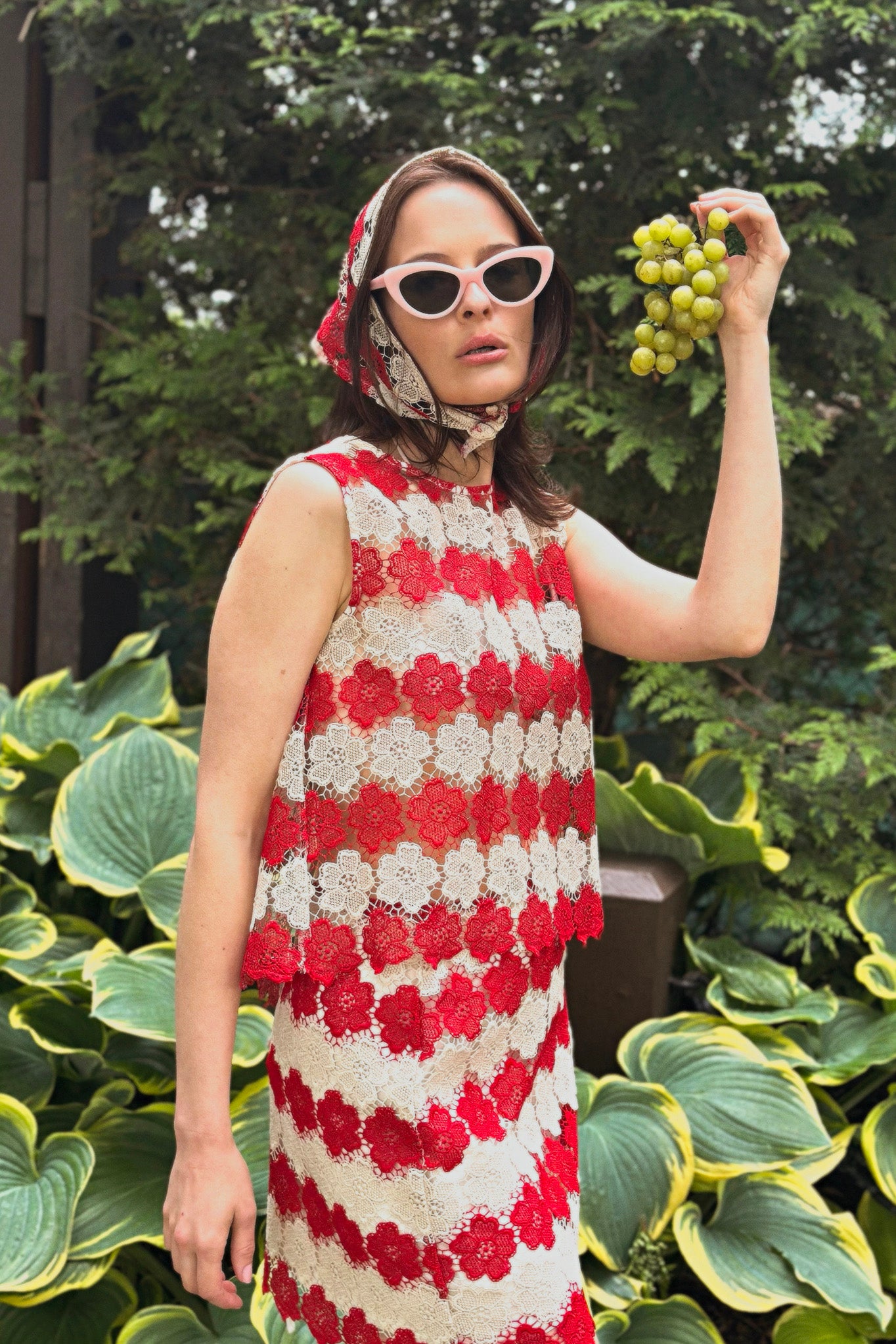 Dupree Two-Tone Cosmos Flower Lace Tie-back Top - Paprika by