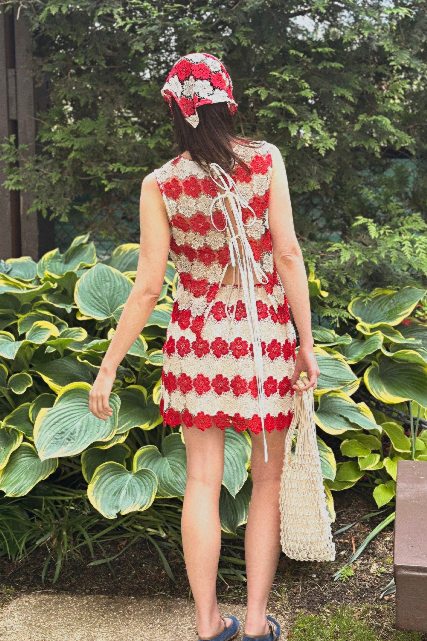 Dupree Two-Tone Cosmos Flower Lace Tie-back Top - Paprika by Miguelina