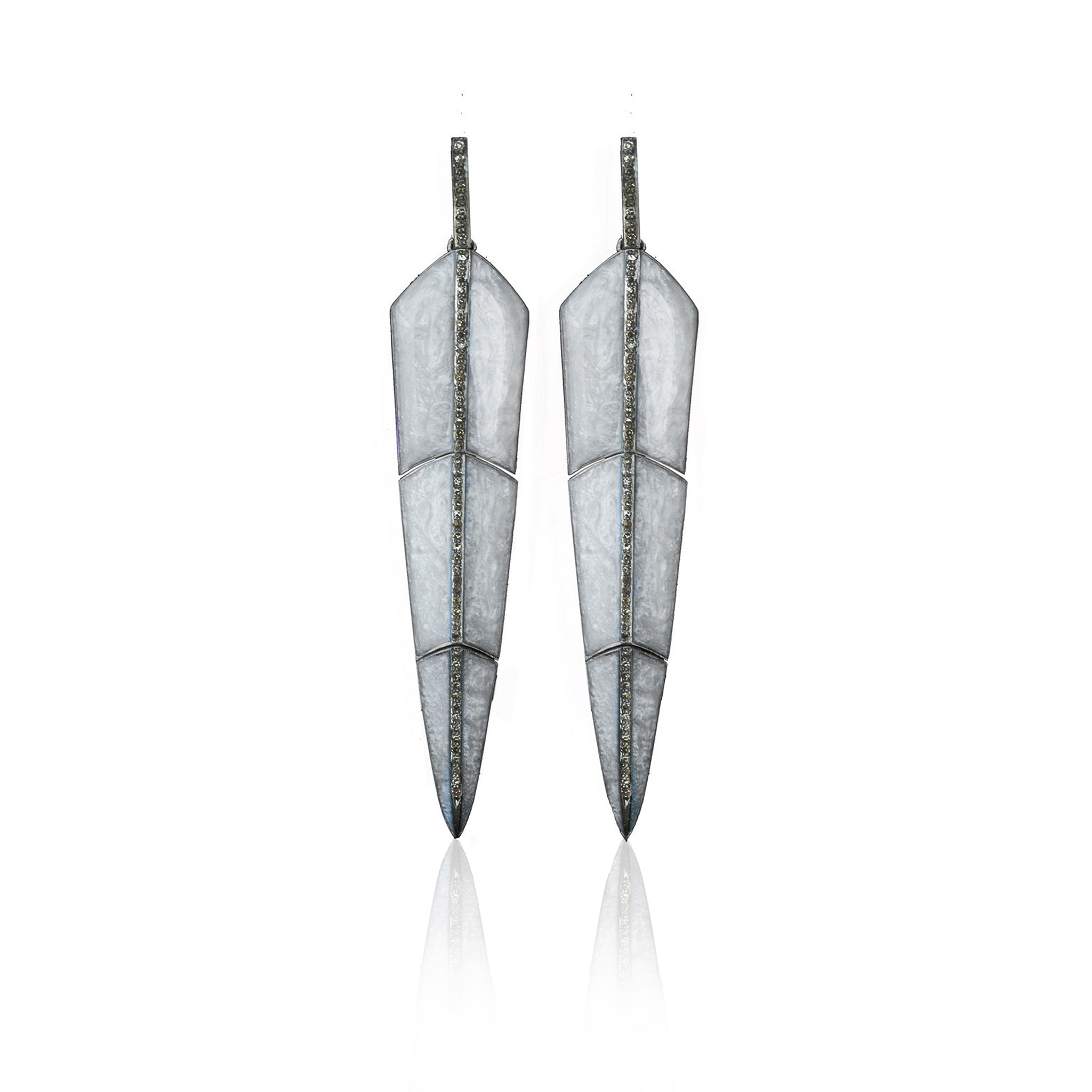 Pearl Grey Enamel Feather Earrings by S. Carter Designs