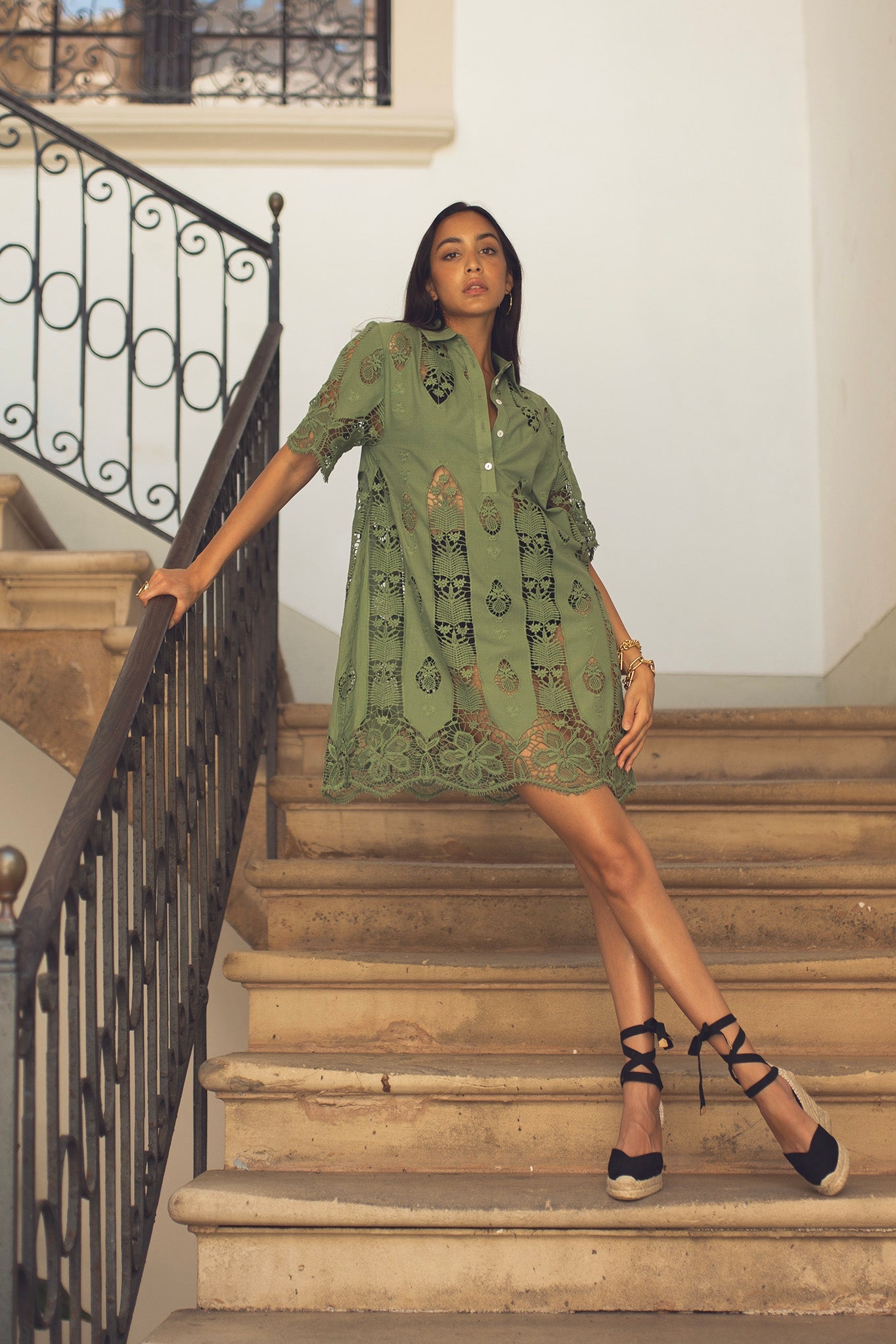 Elle Tropical Cotton Embroidery Mini Dress - Eucalyptus by Miguelina