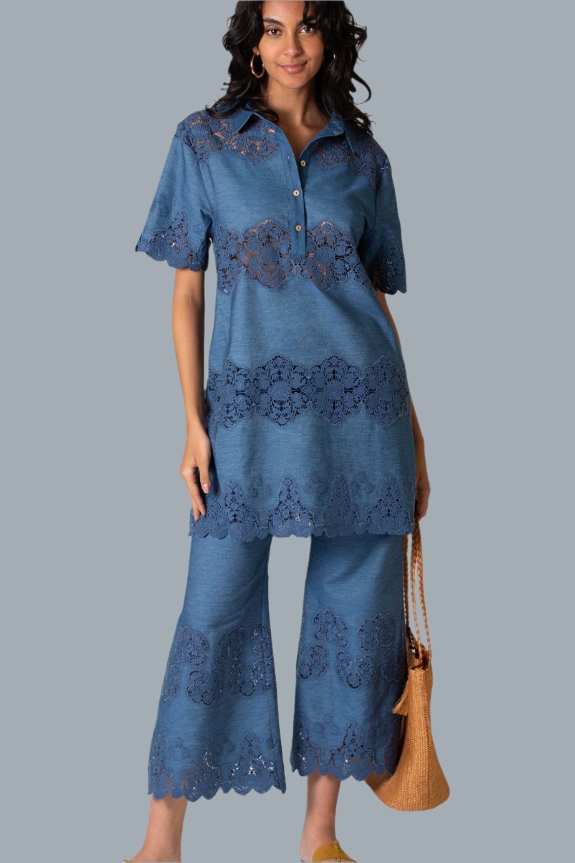 Elle Embroidered Tunic Dress in Indigo Denim by Miguelina