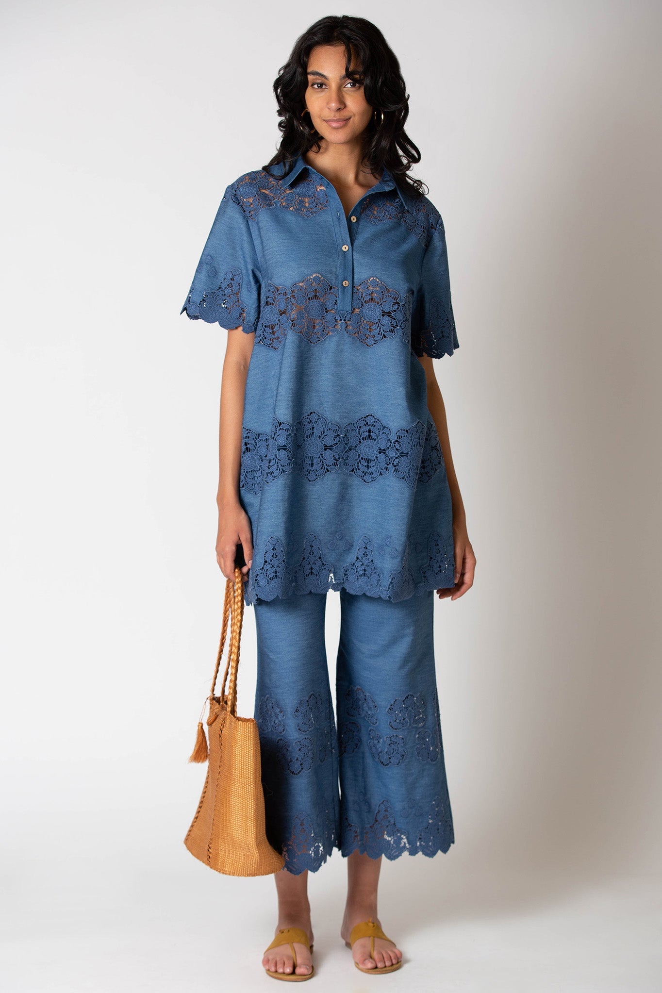 Elle Embroidered Tunic Dress in Indigo Denim by Miguelina