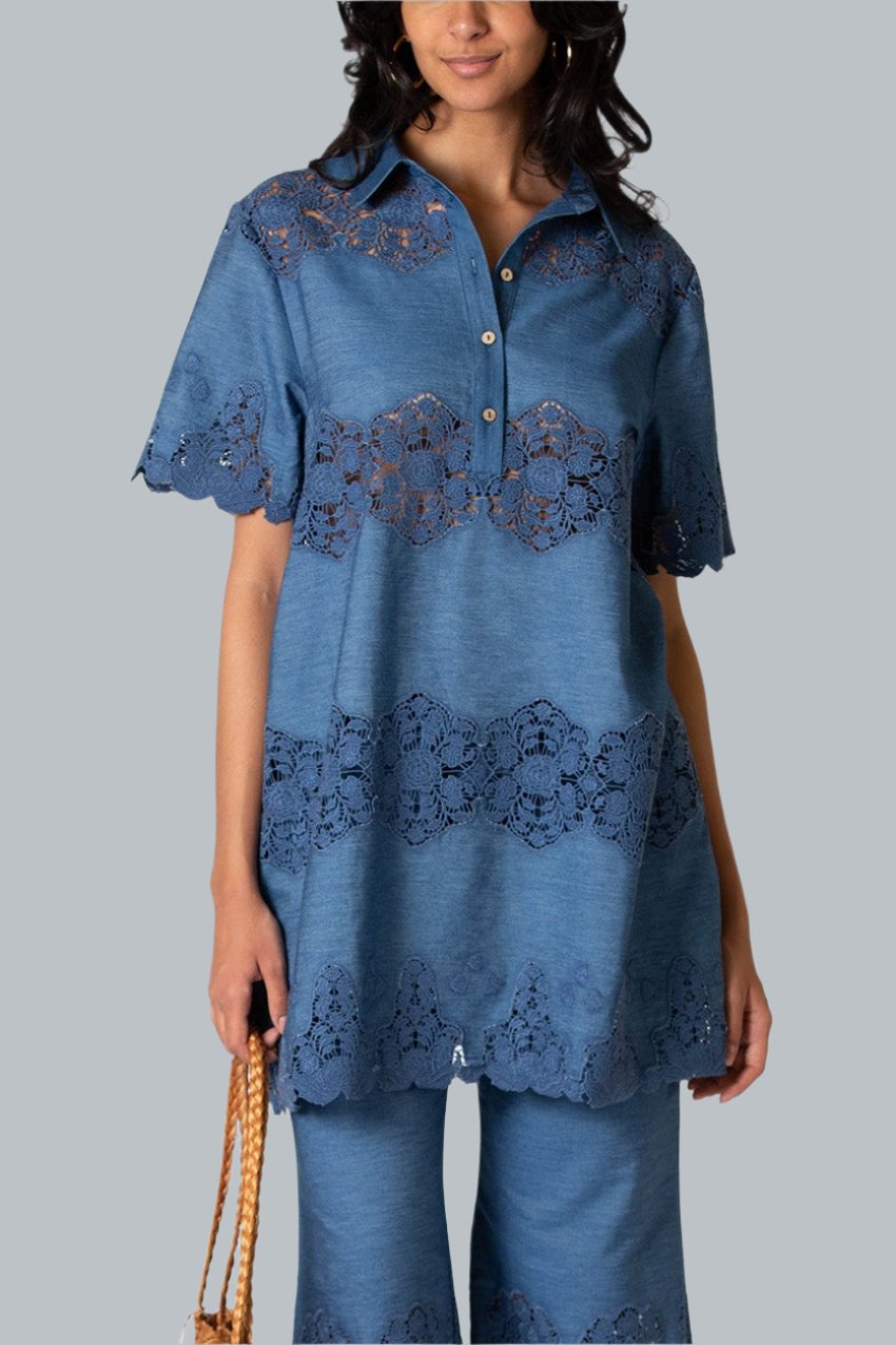 Elle Embroidered Tunic Dress in Indigo Denim by Miguelina