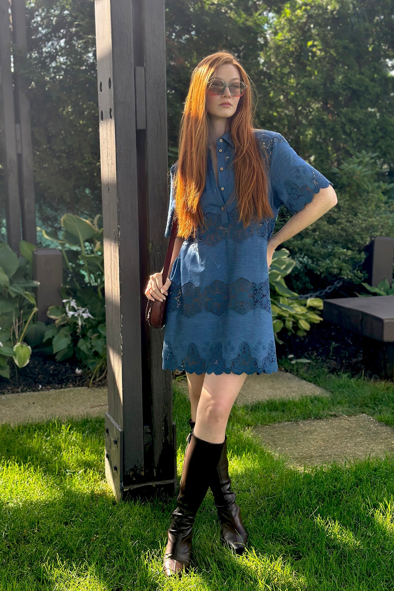 Elle Embroidered Tunic Dress in Indigo Denim by Miguelina