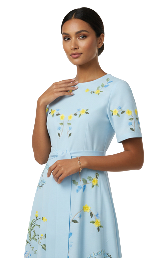 Woman wearing a light blue dress with floral embroidery on a white background