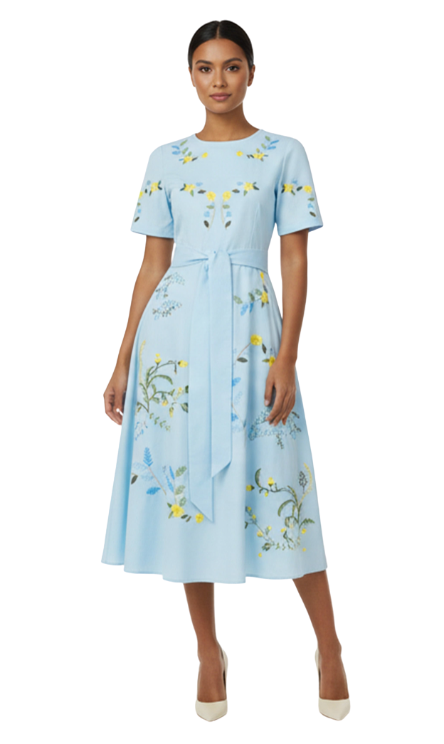 Woman wearing a light blue dress with floral embroidery on a white background