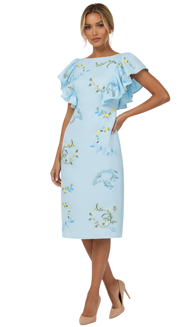 Woman wearing a light blue dress with floral embroidery on a white background