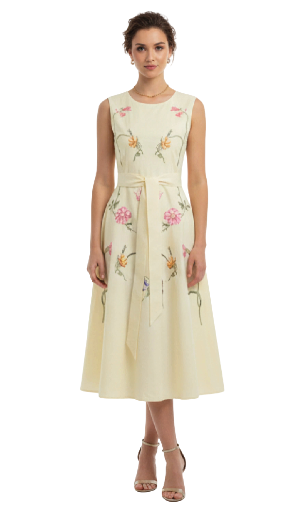 Woman wearing a light yellow dress with floral patterns on a white background