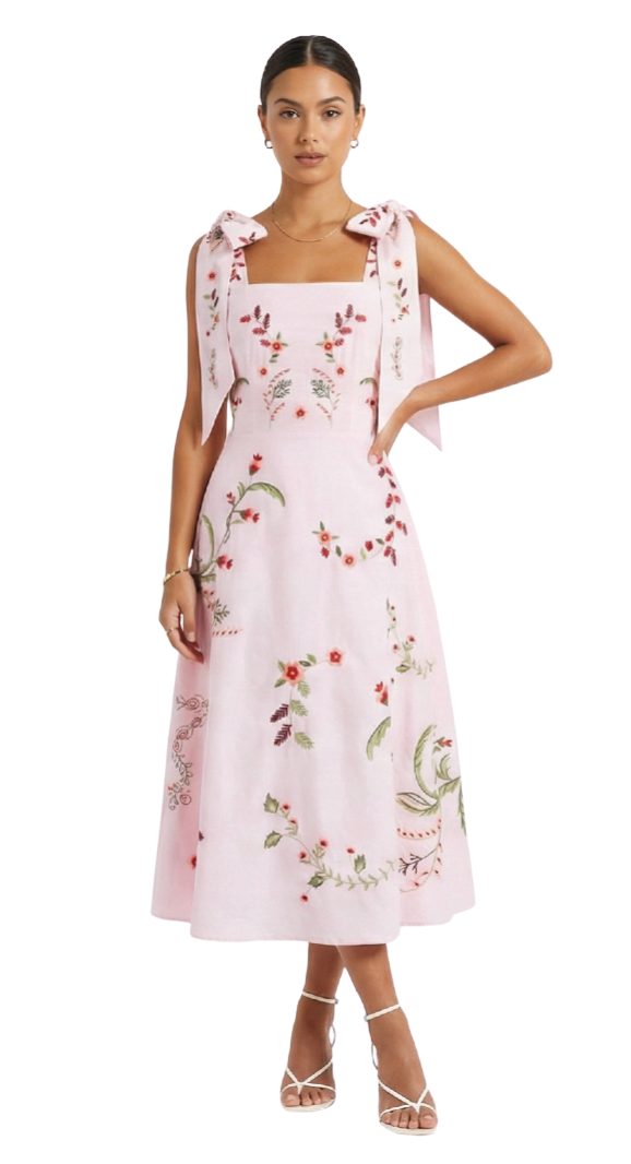 Woman wearing a light pink dress with floral embroidery on a white background