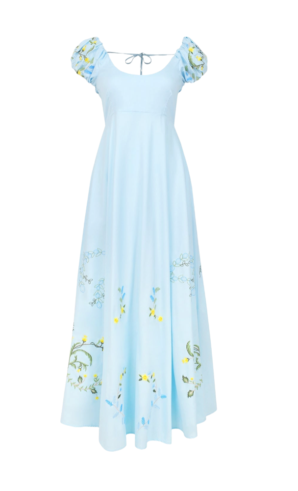 Light blue dress with floral embroidery on a white background