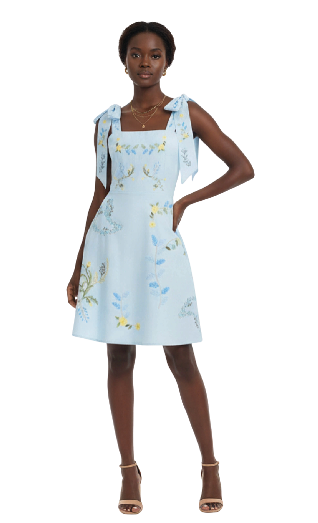 Woman wearing a light blue dress with floral and butterfly patterns on a white background