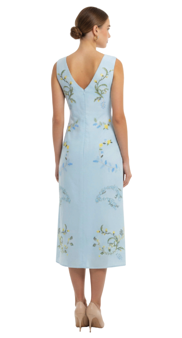 Woman wearing a light blue dress with floral embroidery on a white background