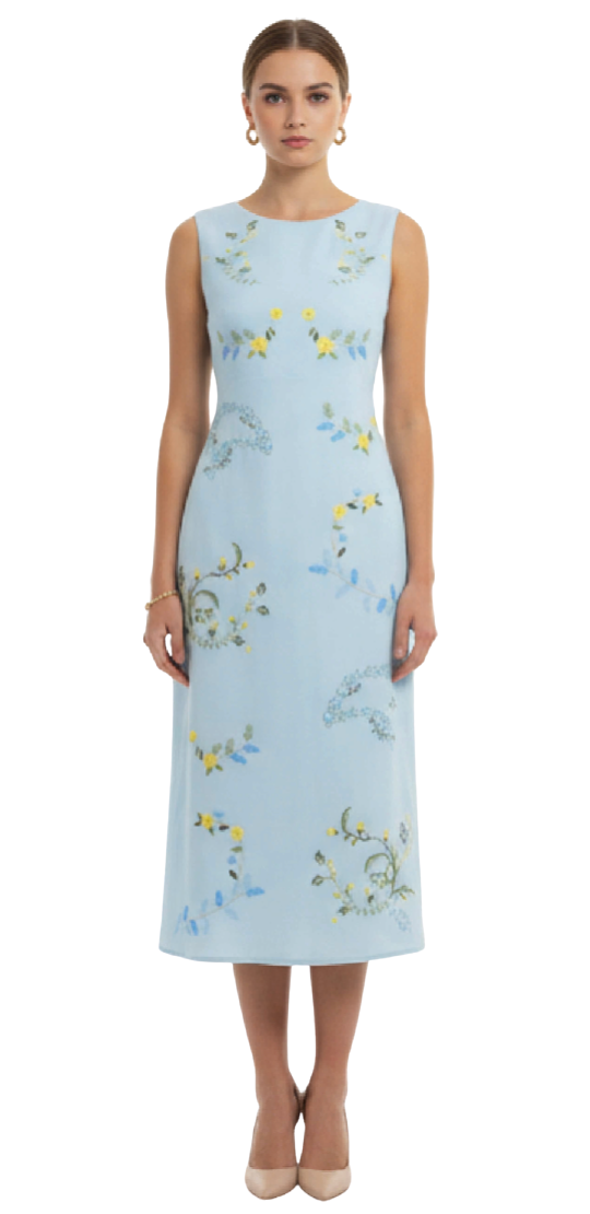 Woman wearing a light blue dress with floral patterns on a white background