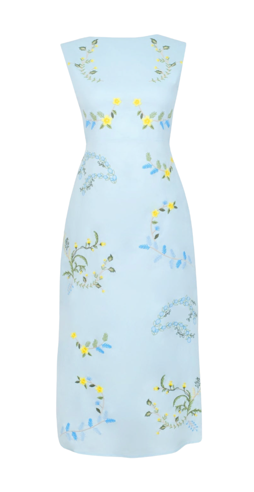 Light blue strapless dress with floral pattern on a white background