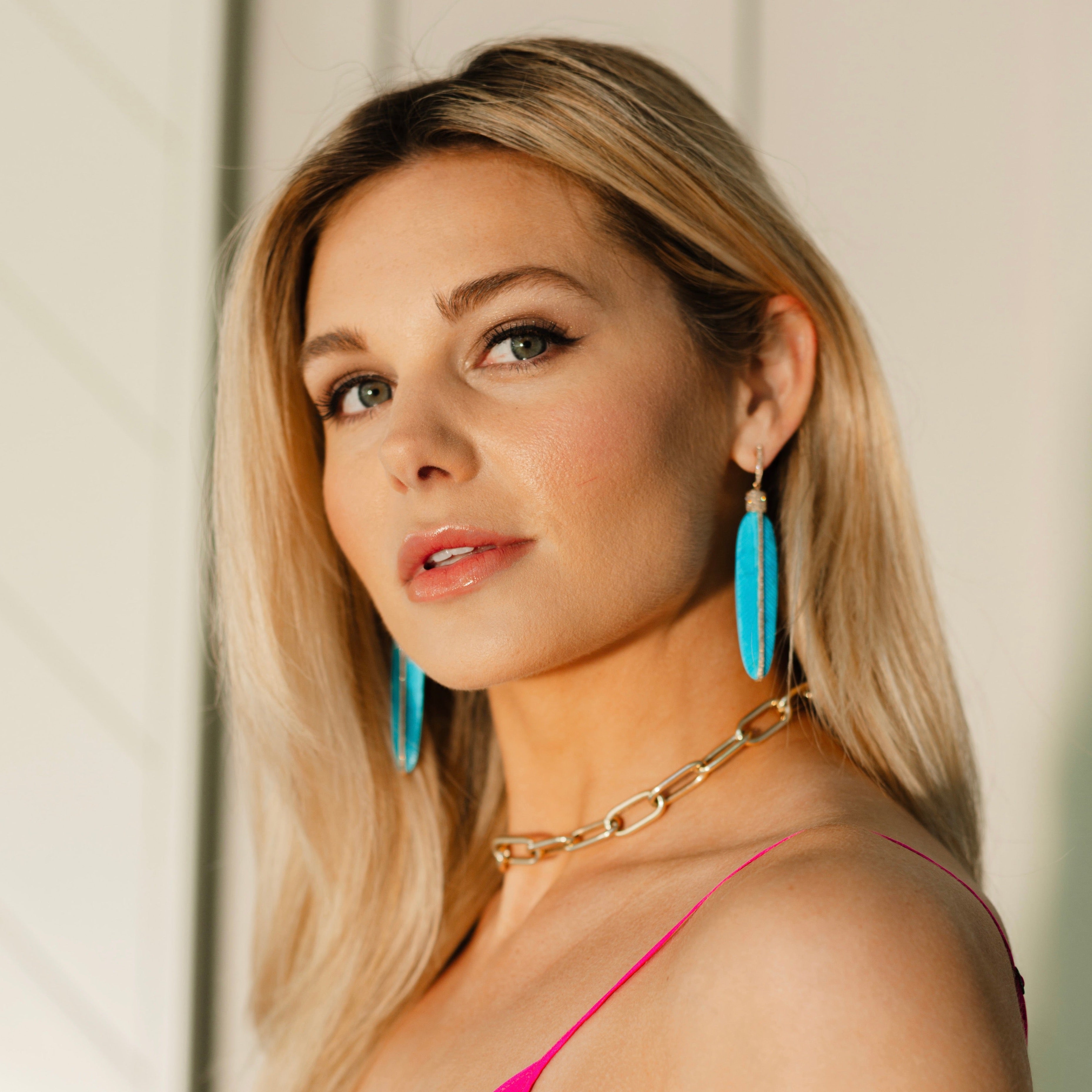 14k Carved Turquoise Feather Earrings by S. Carter Designs