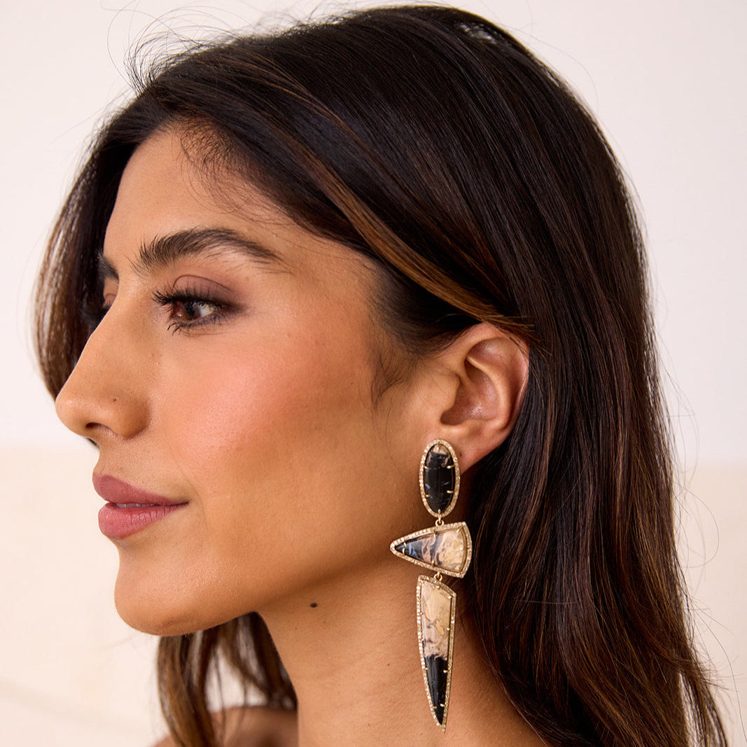 14k Petrified Palm Wood Triple Drop Earrings by S. Carter Designs