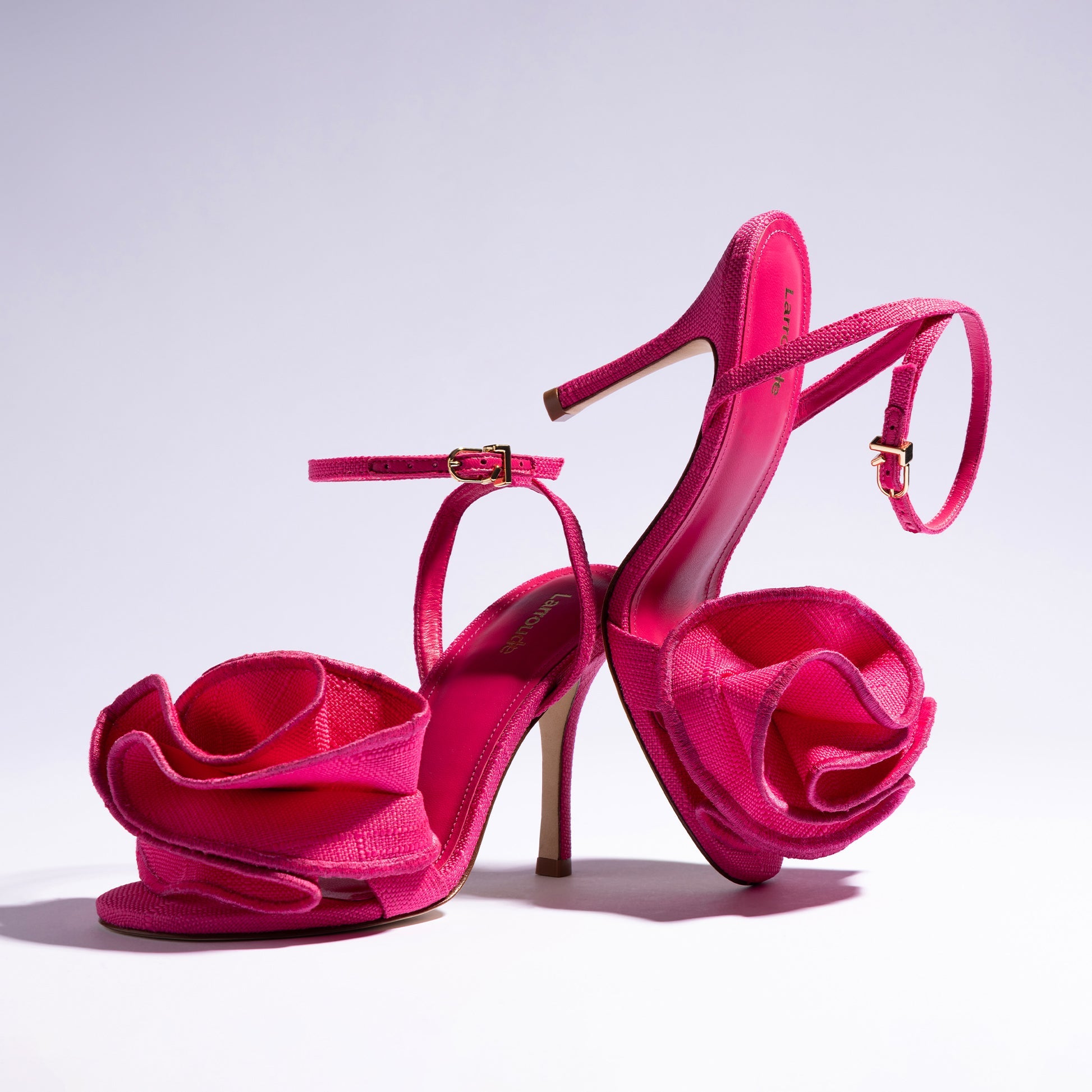 Penelope Ruffle Sandal In Pink Raffia by Larroudé