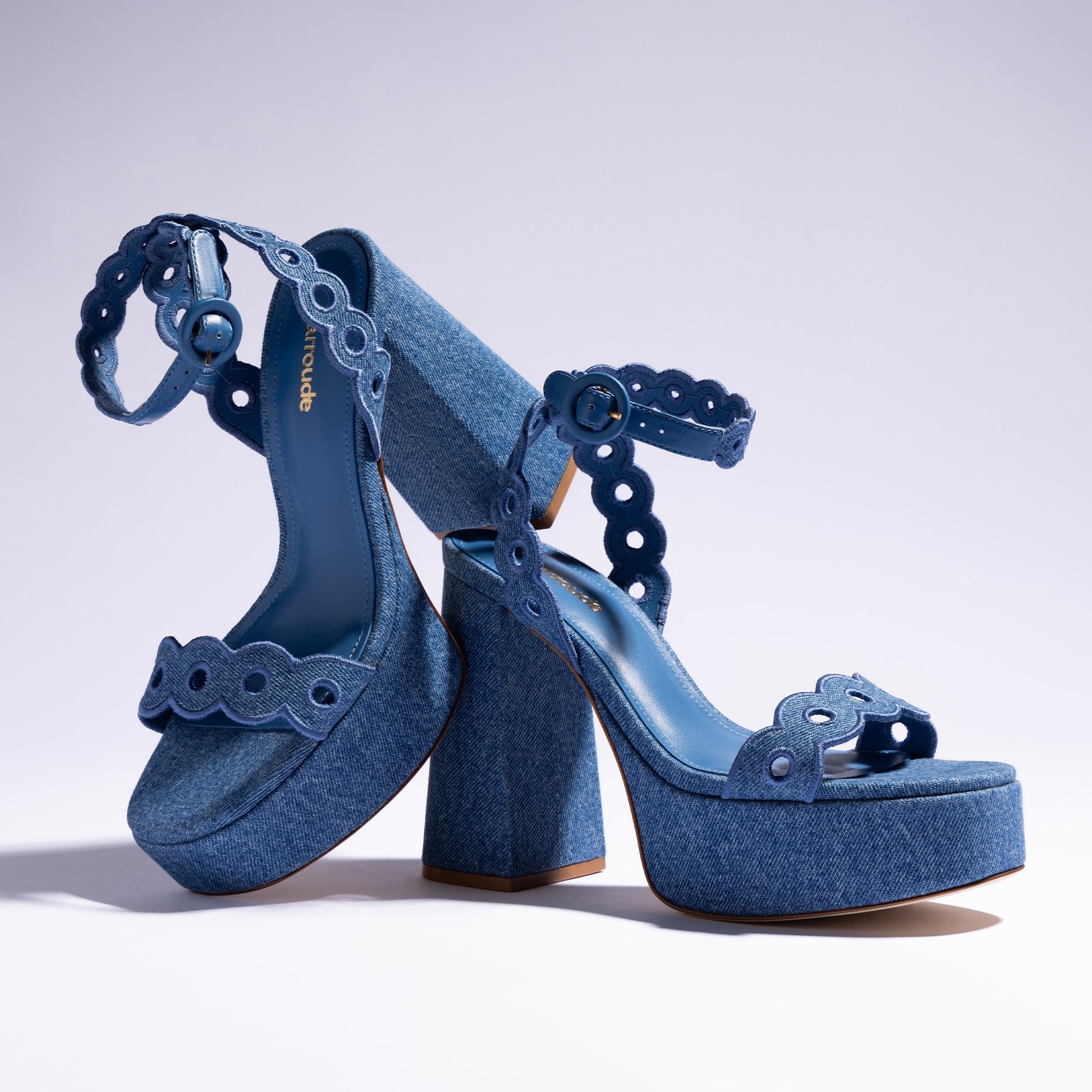 Dolly Broderie Sandal In Blue Stoned Denim by Larroudé