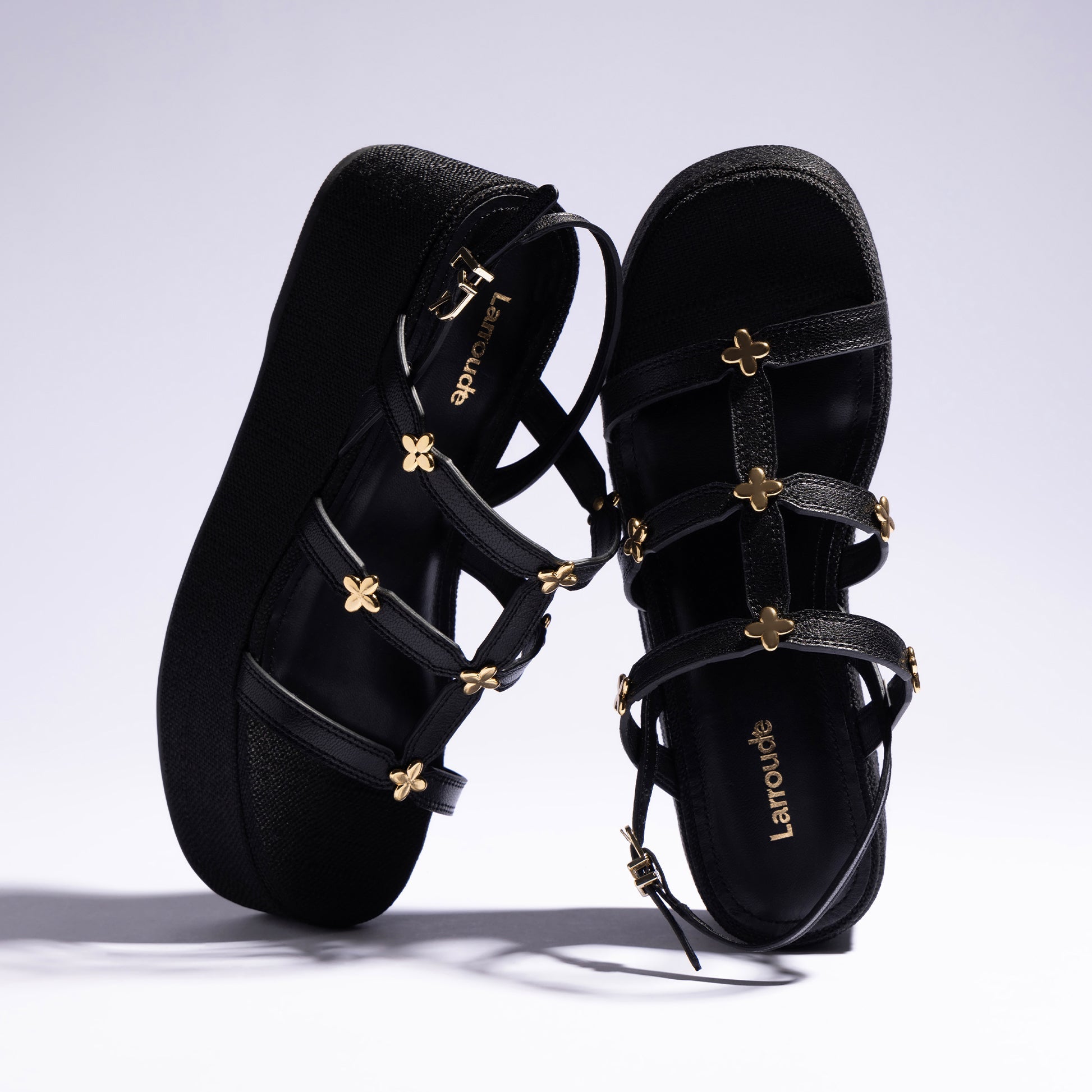 Harmony Flatform Sandal In Black Raffia by Larroudé