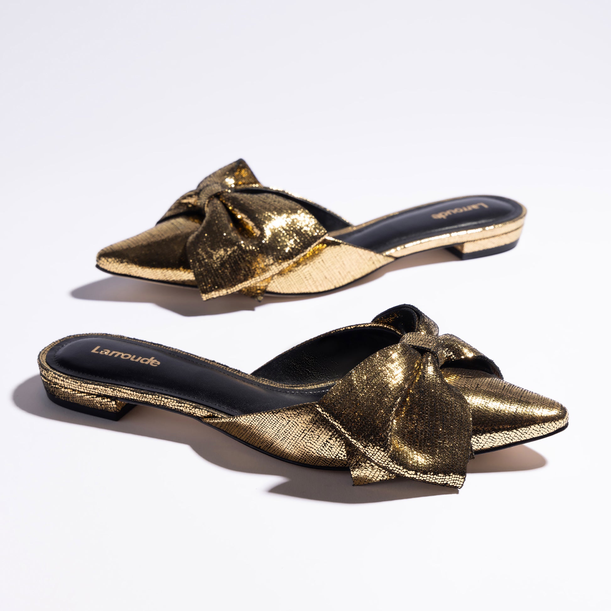 Elle Flat Mule In Gold Cracked Metallic Leather by Larroudé