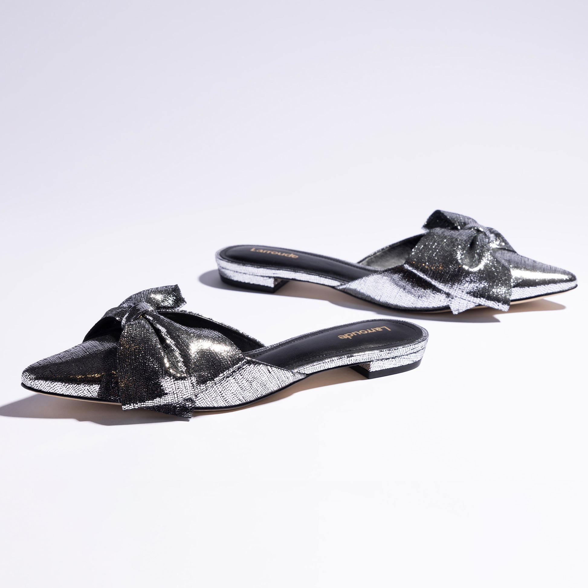 Elle Flat Mule In Silver Cracked Metallic Leather by Larroudé