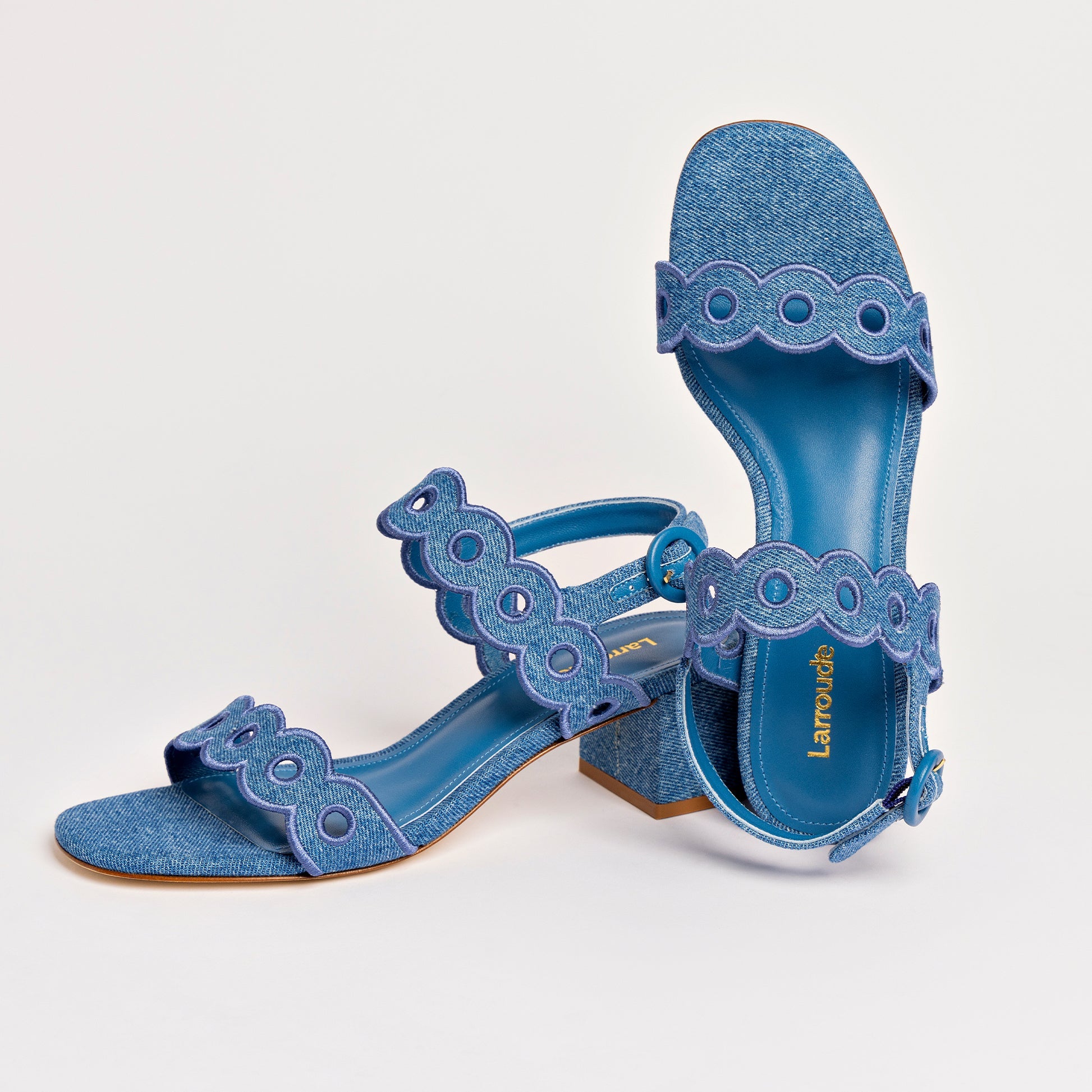 Florence Broderie Sandal In Blue Denim by Larroudé