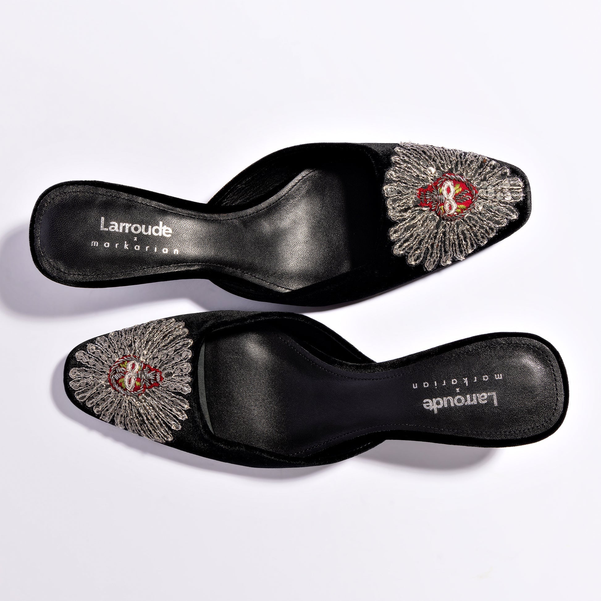 Larroudé x Markarian Mule In Black Velvet and Heart Embroidery by Larroudé