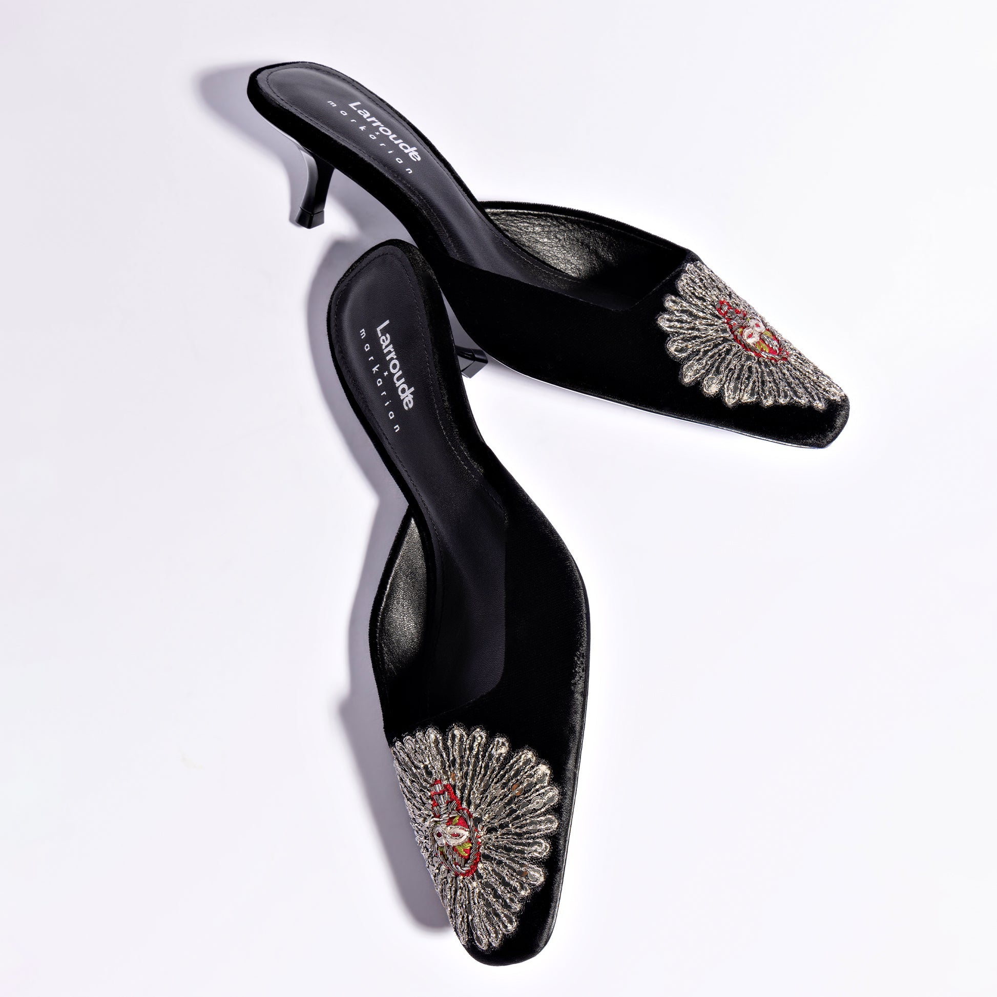 Larroudé x Markarian Mule In Black Velvet and Heart Embroidery by Larroudé