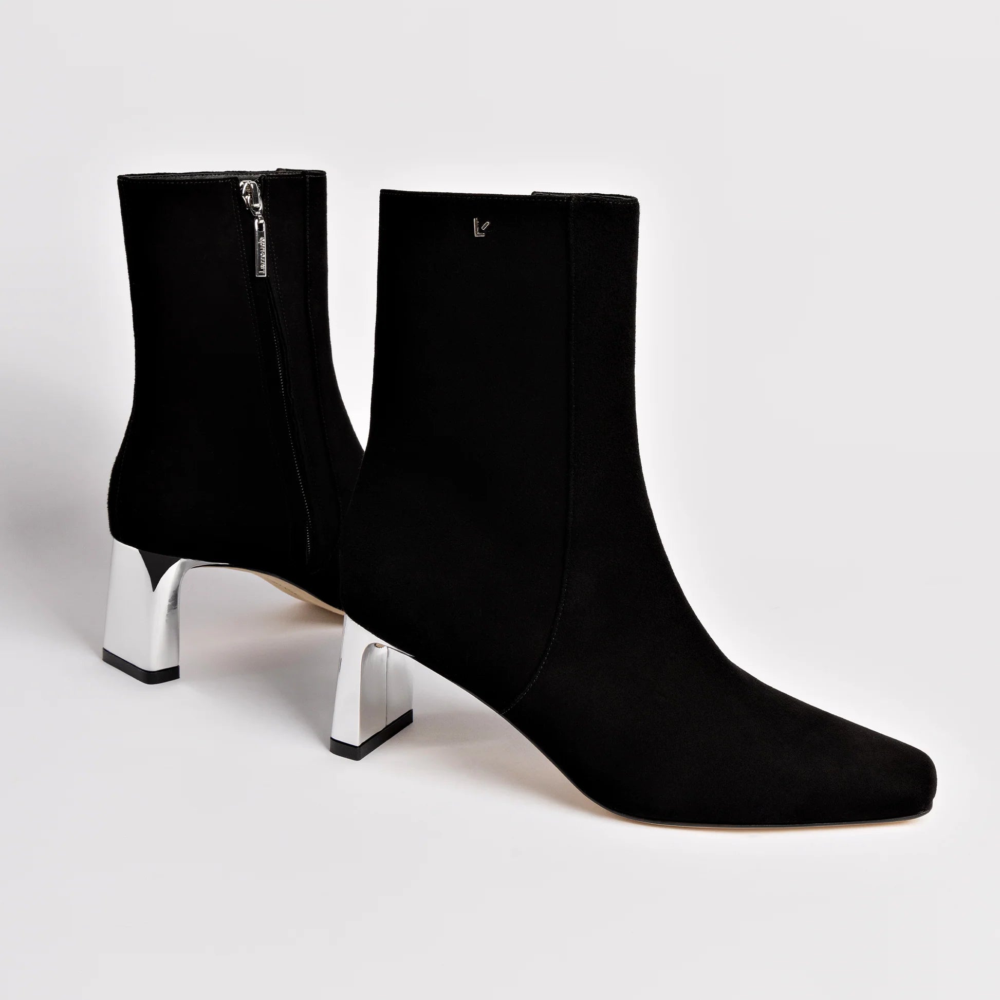 Alexis Bootie In Black Suede and Silver Heel by Larroudé