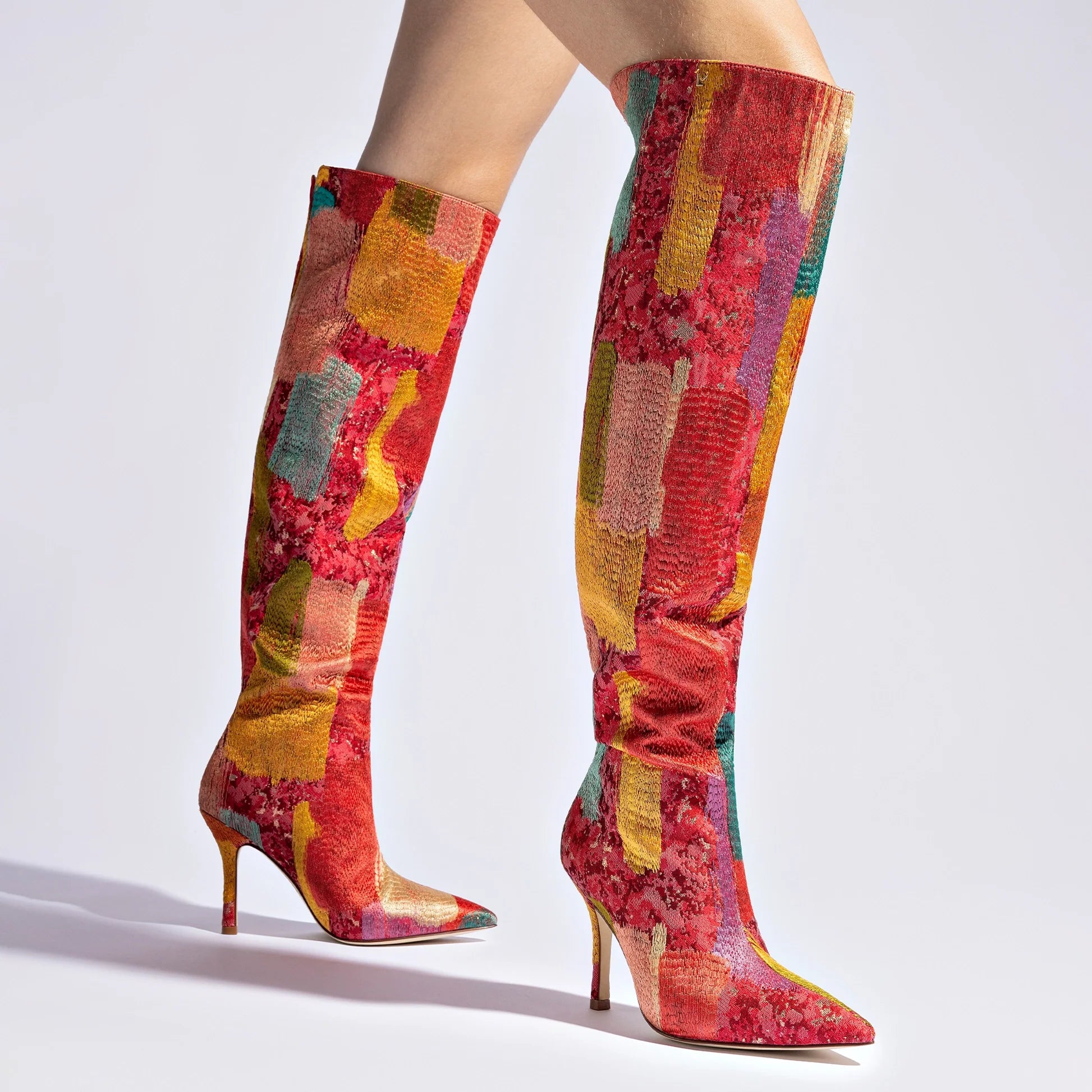 Larroudé x Markarian Boot In Red Patch Work Fabric by Larroudé